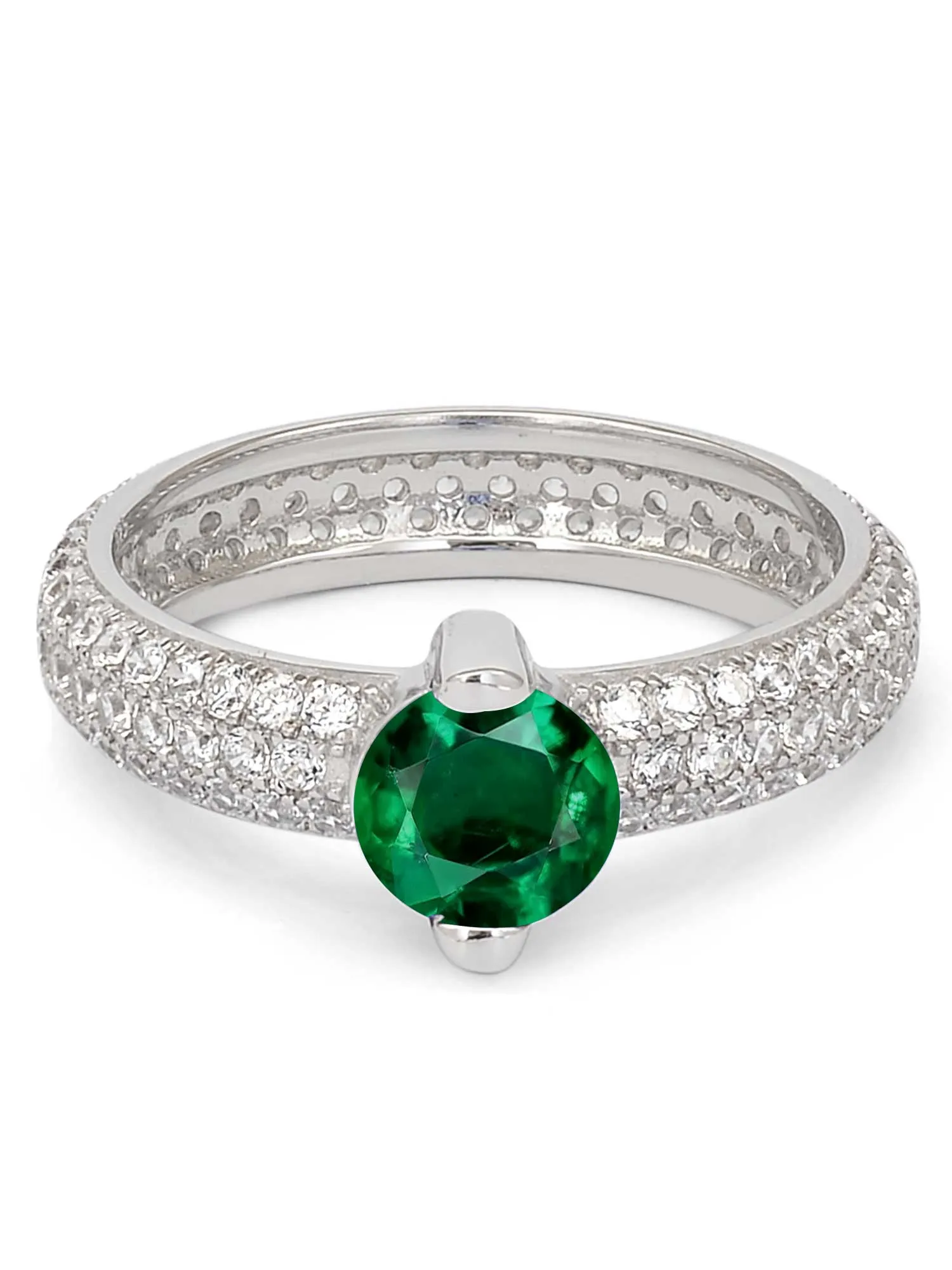 1 Carat Solitaire Ornate Green Emerald Silver Ring For Women