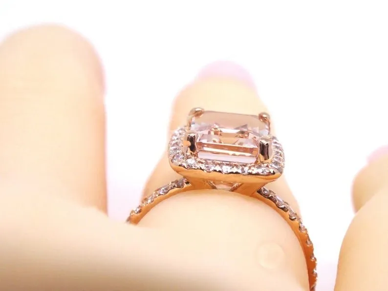 14K Gold Diamond Halo with 2.50 Carat Emerald Cut Morganite Engagement Ring