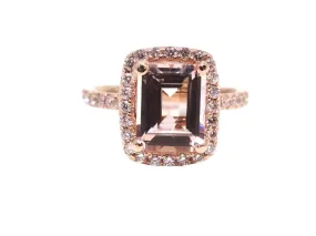 14K Gold Diamond Halo with 2.50 Carat Emerald Cut Morganite Engagement Ring