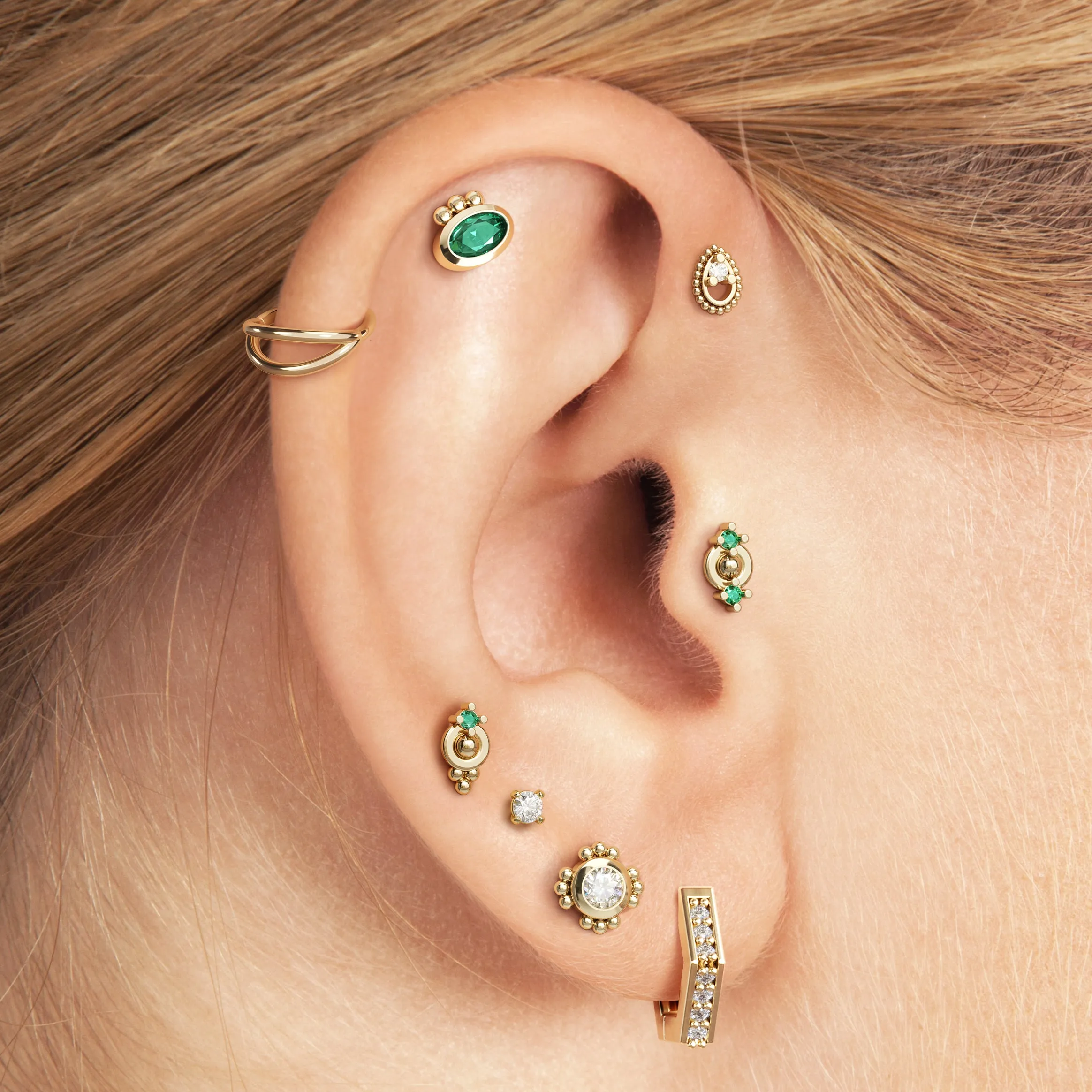 14K Gold Double Emerald Stud