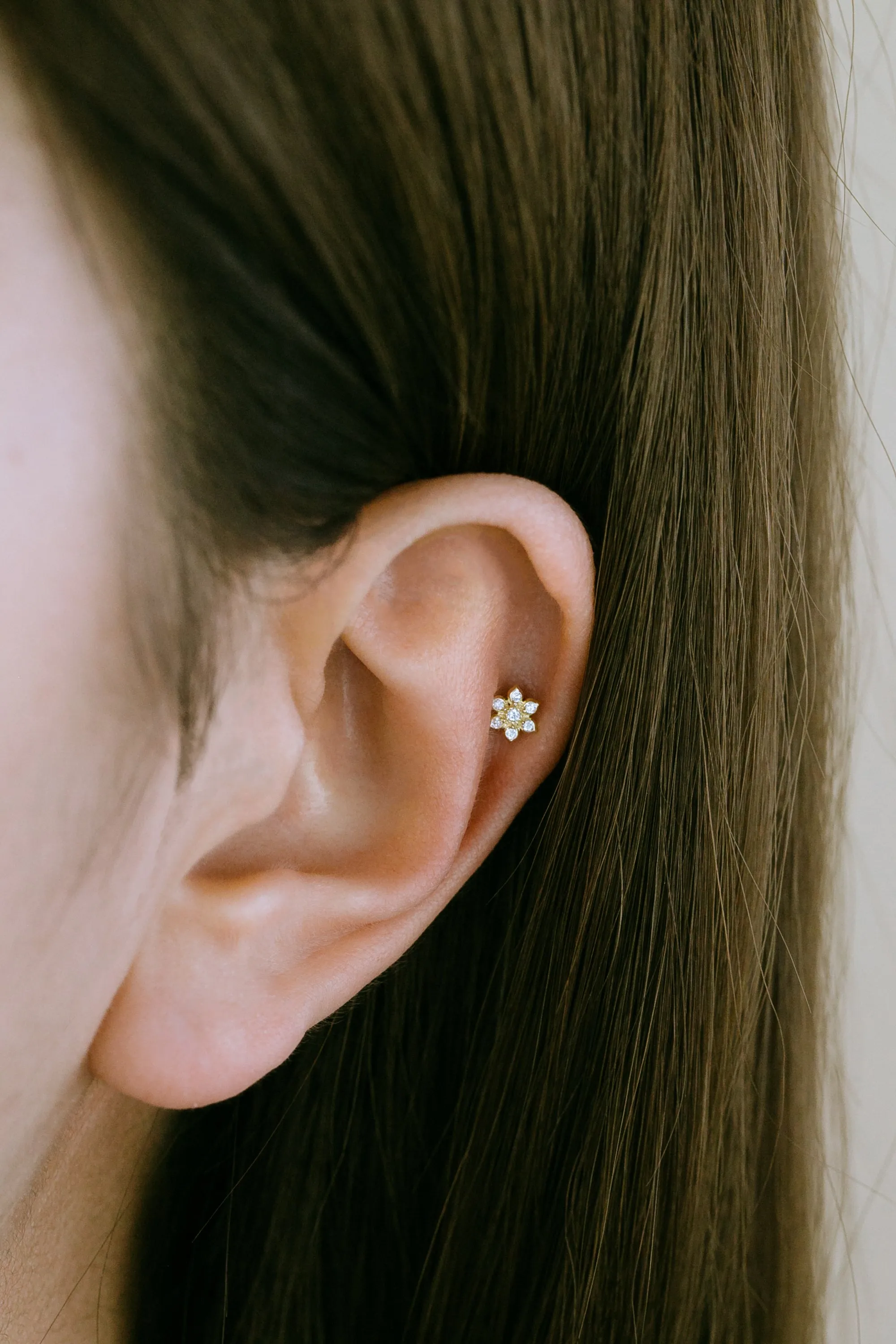 14k Gold Jewelry CZ Flower Cartilage Helix Tragus Inner Conch Barbell Ear Stud Earring Piercing