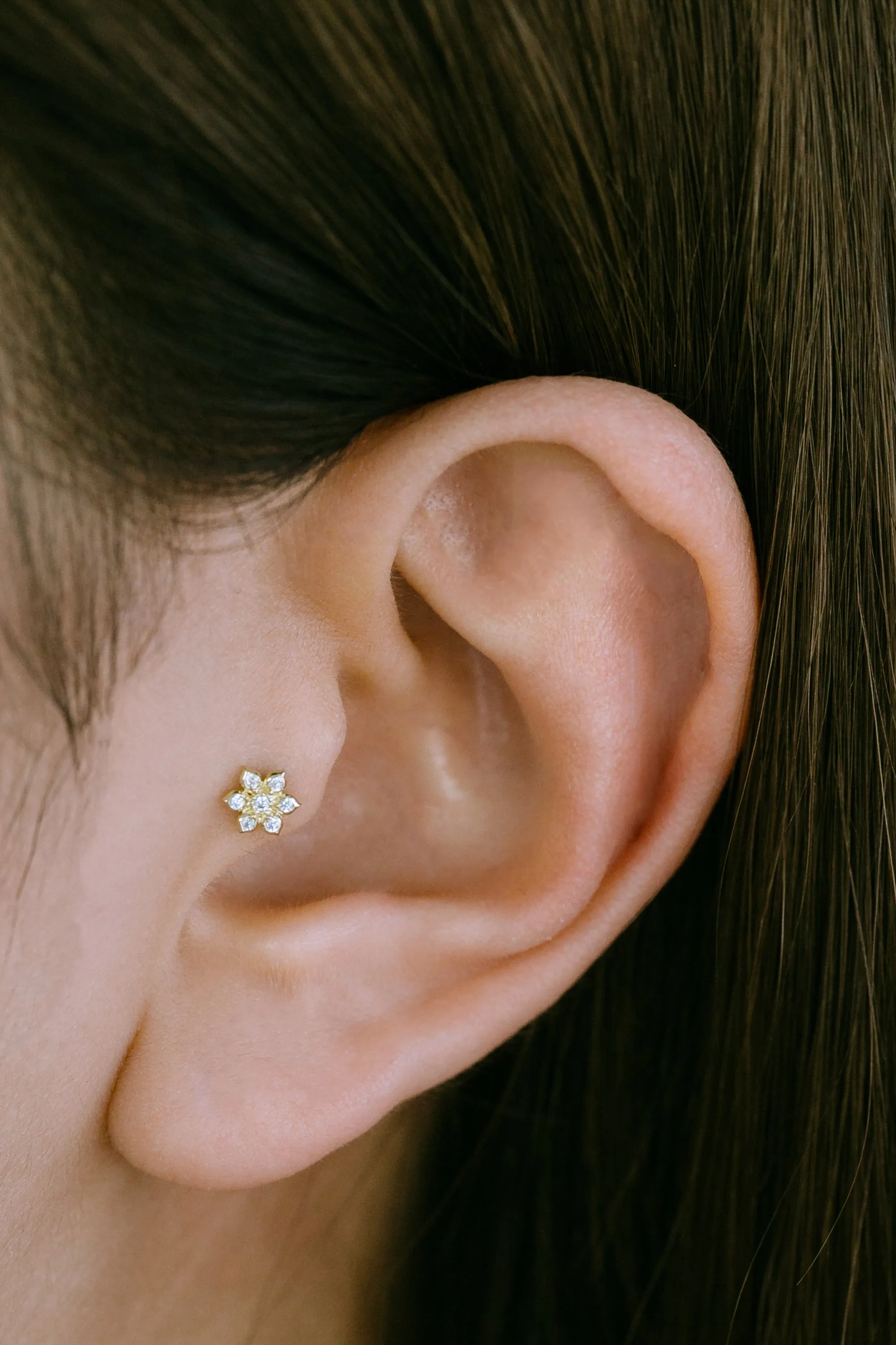 14k Gold Jewelry CZ Flower Cartilage Helix Tragus Inner Conch Barbell Ear Stud Earring Piercing