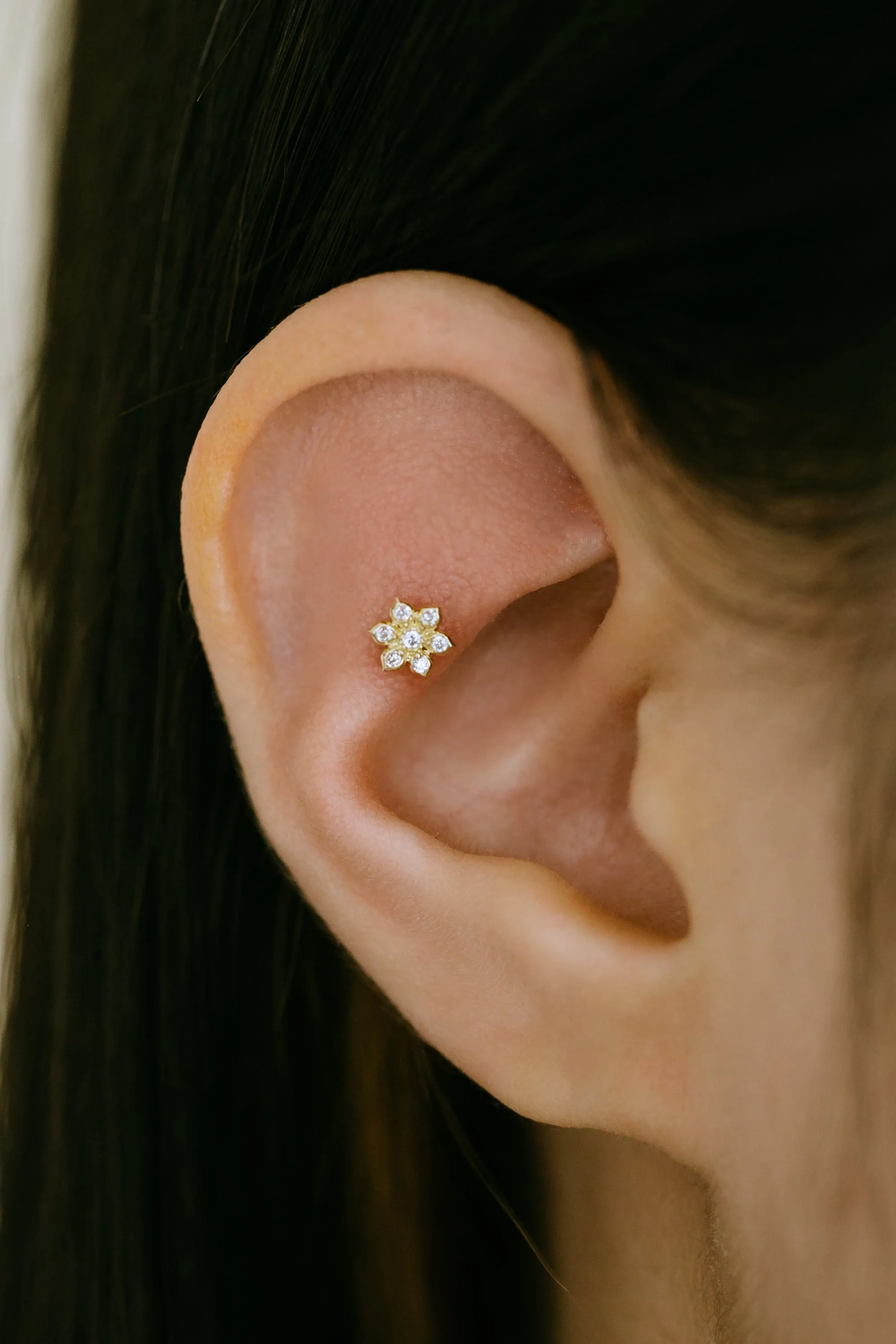 14k Gold Jewelry CZ Flower Cartilage Helix Tragus Inner Conch Barbell Ear Stud Earring Piercing