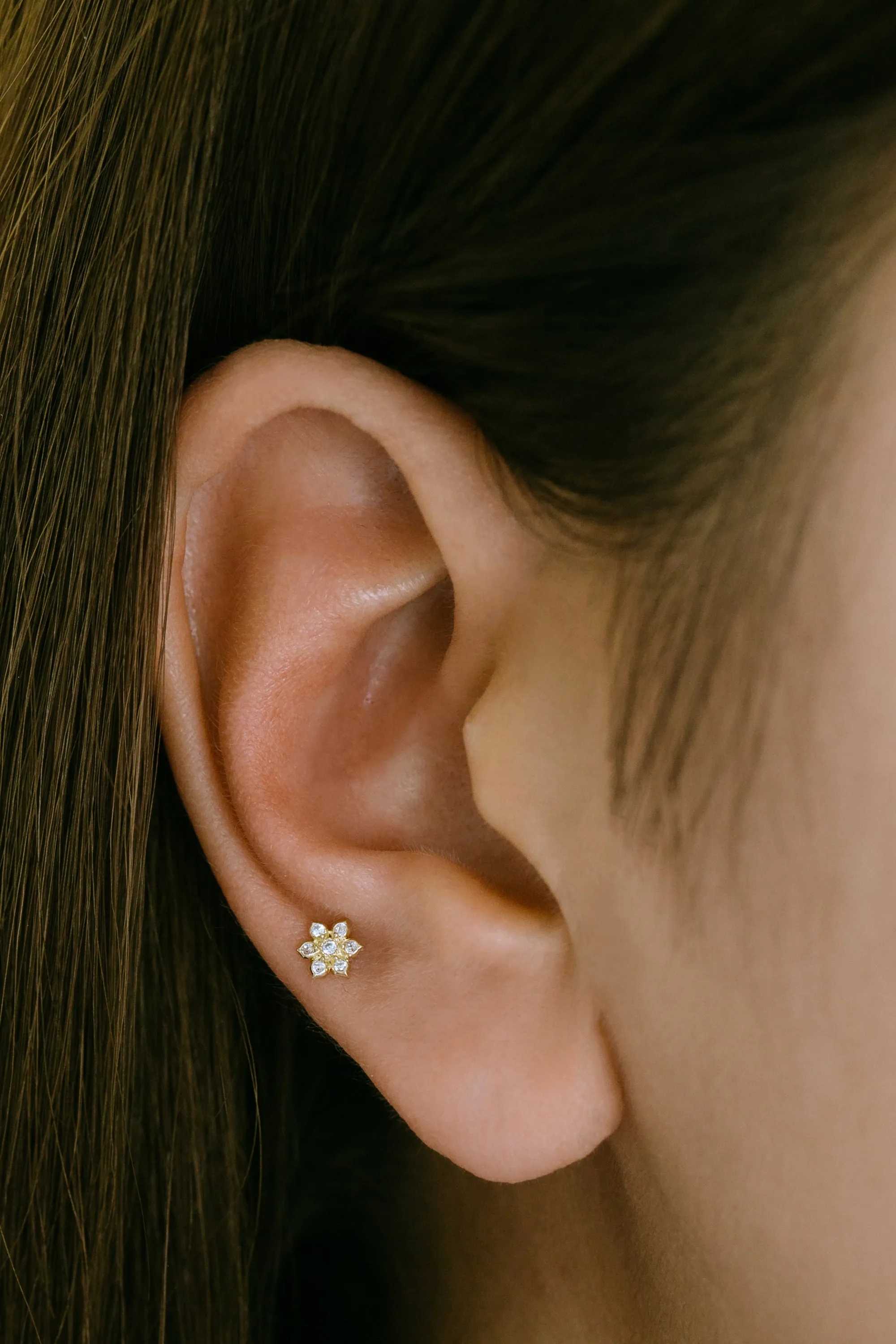 14k Gold Jewelry CZ Flower Cartilage Helix Tragus Inner Conch Barbell Ear Stud Earring Piercing