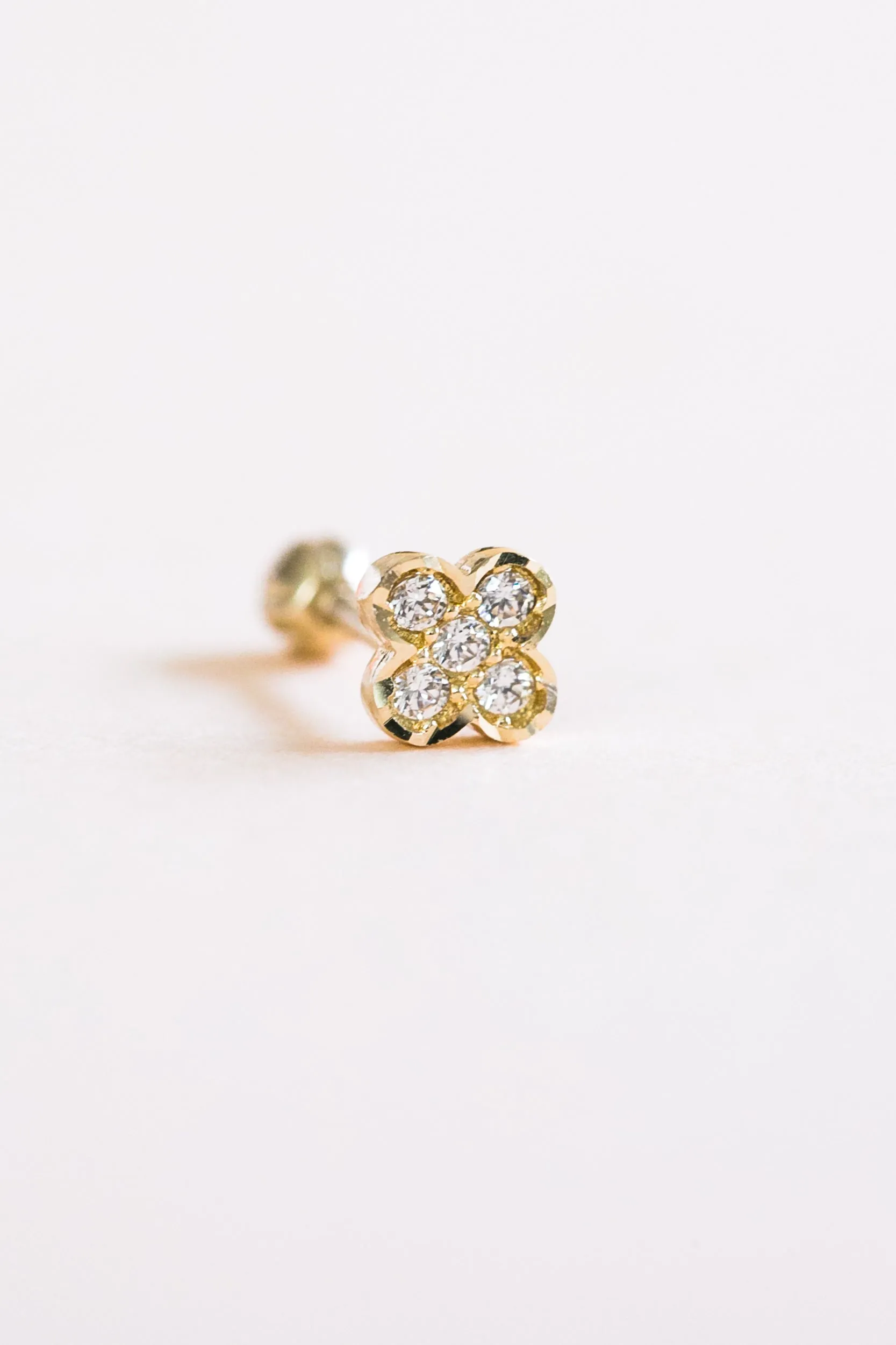 14k Gold Jewelry Cz Four leaf Clover Barbell Ear Stud Piercing