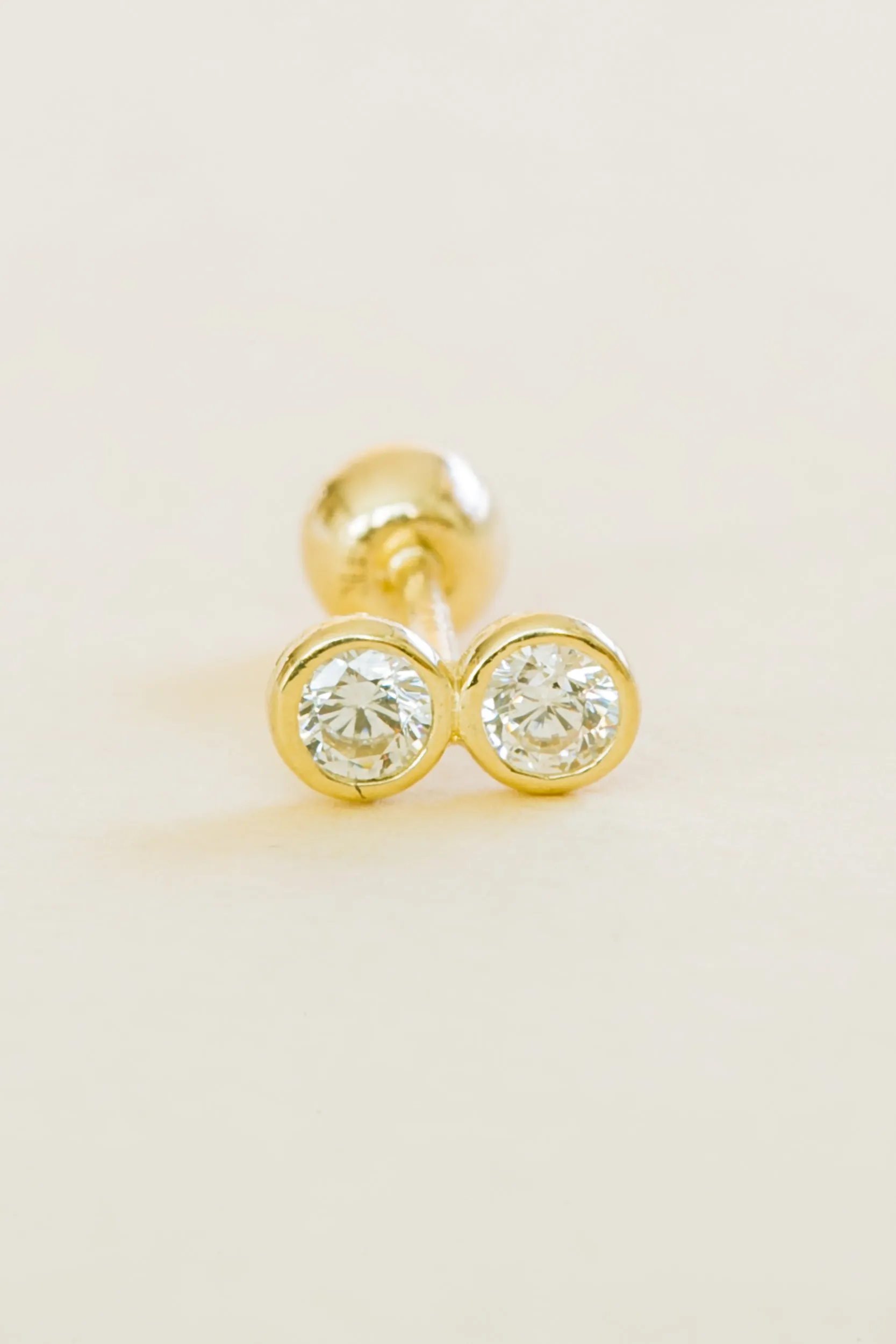 14k Gold Jewelry Minimal Double Cz Round Barbell Ear Stud Earring Piercing