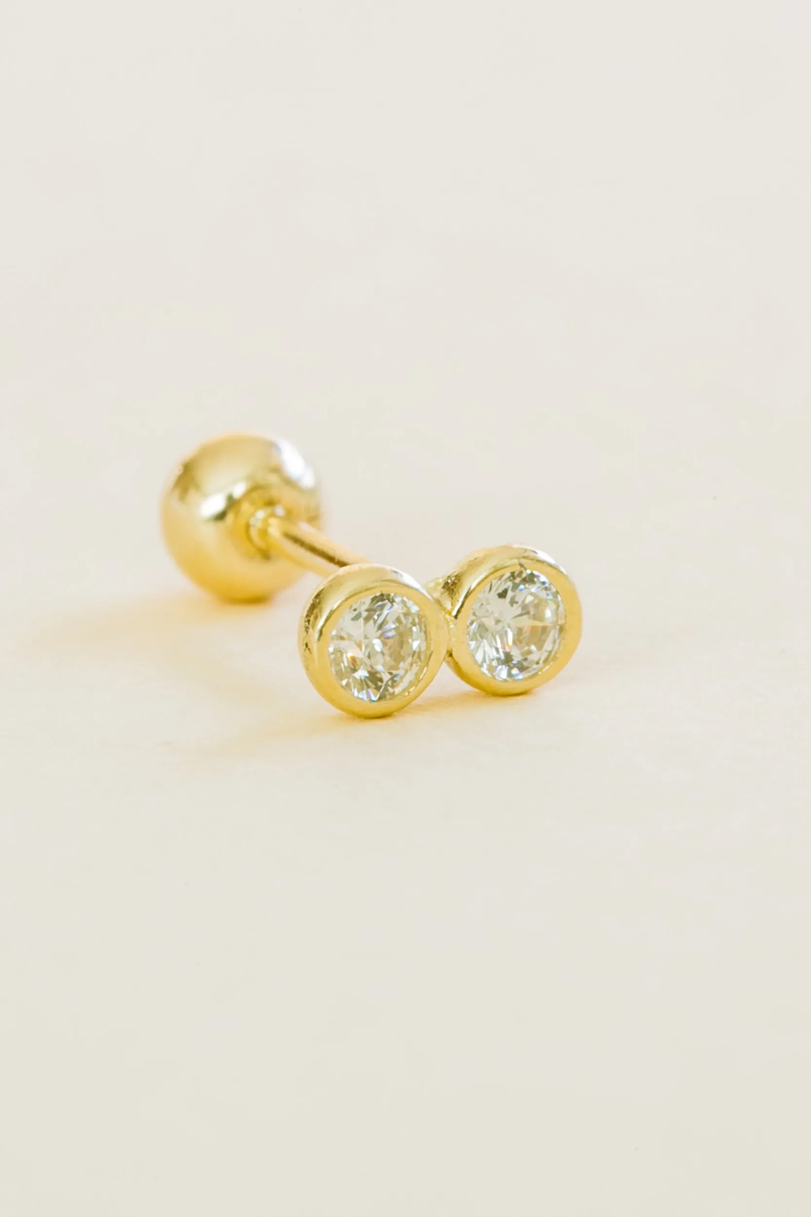 14k Gold Jewelry Minimal Double Cz Round Barbell Ear Stud Earring Piercing