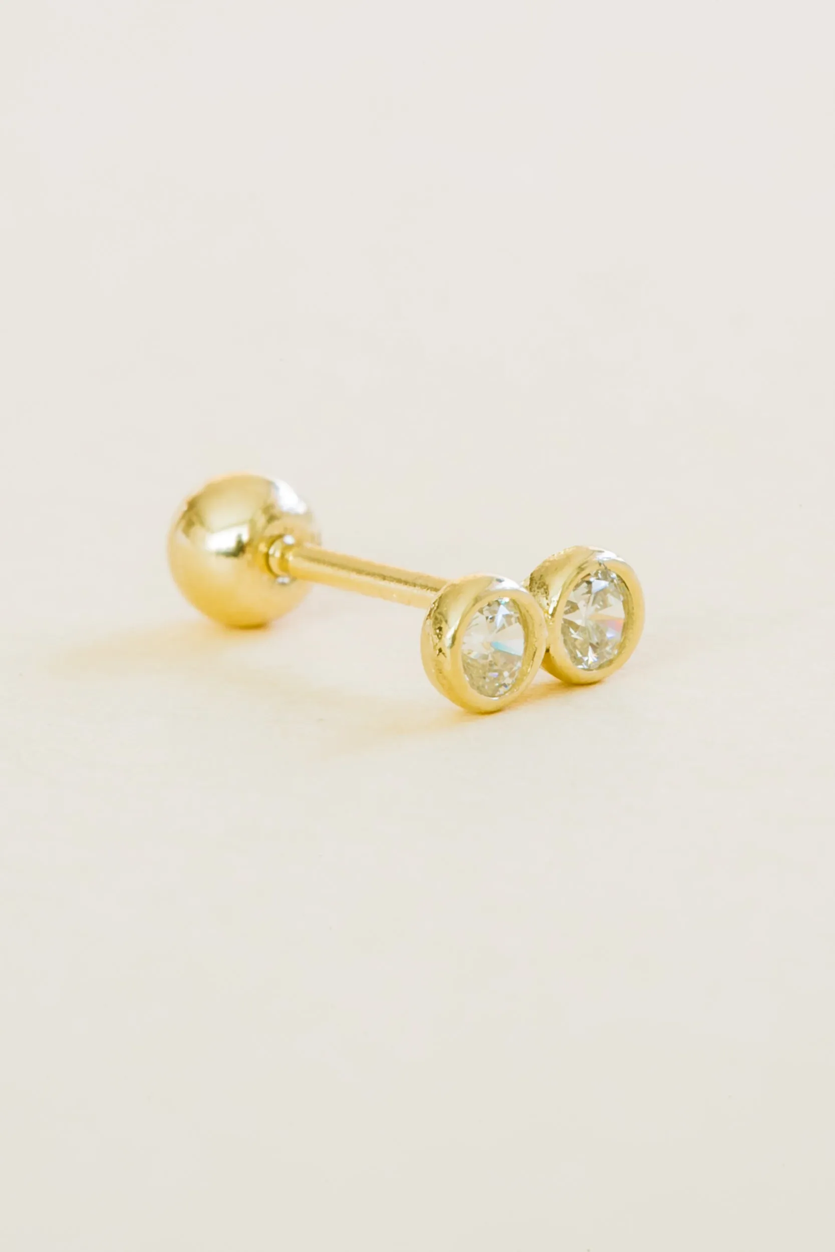 14k Gold Jewelry Minimal Double Cz Round Barbell Ear Stud Earring Piercing