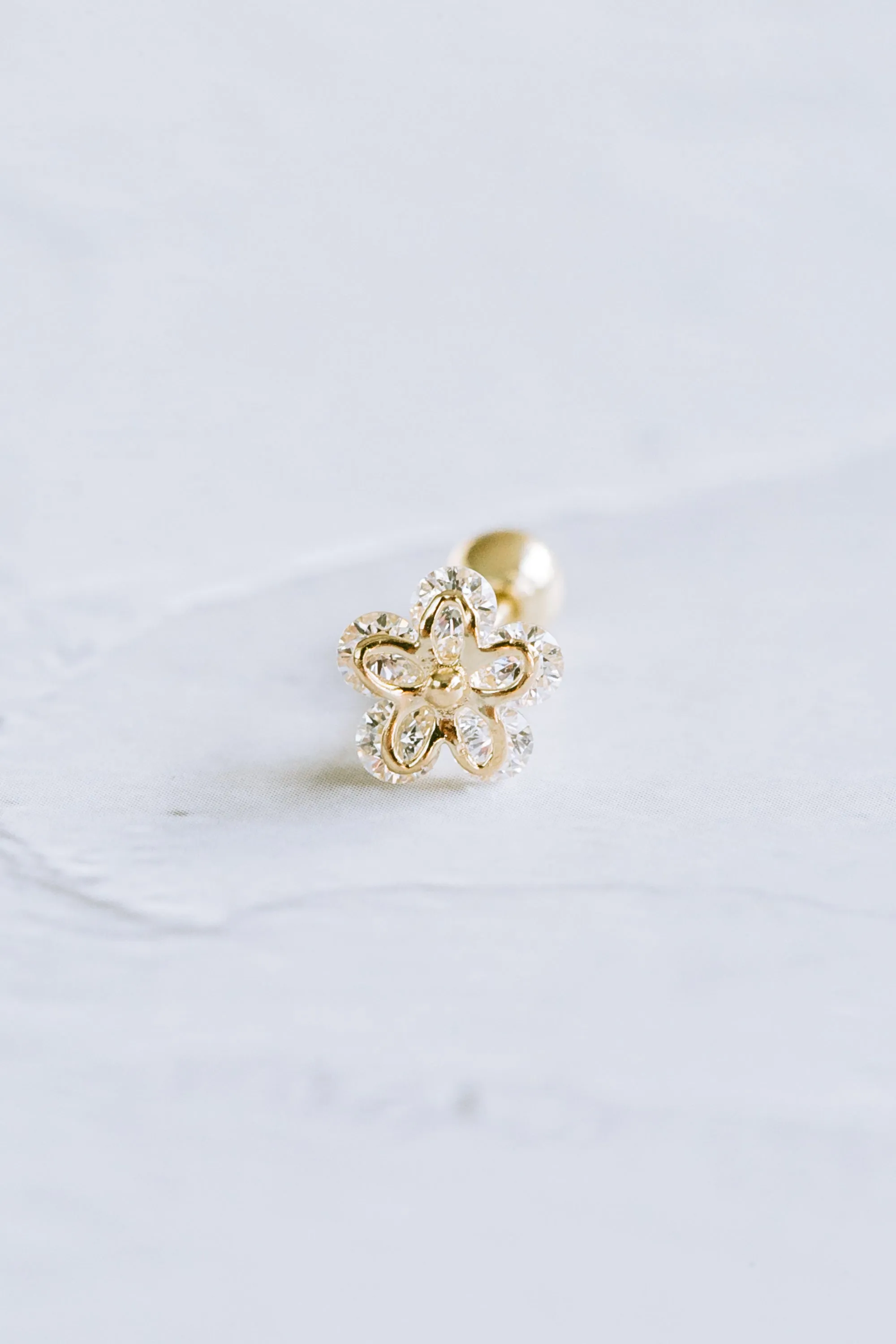 14K GOLD JEWELRY MINIMALIST DELICATE CZ FLOWER BARBELL EAR STUD EARRING PIERCING