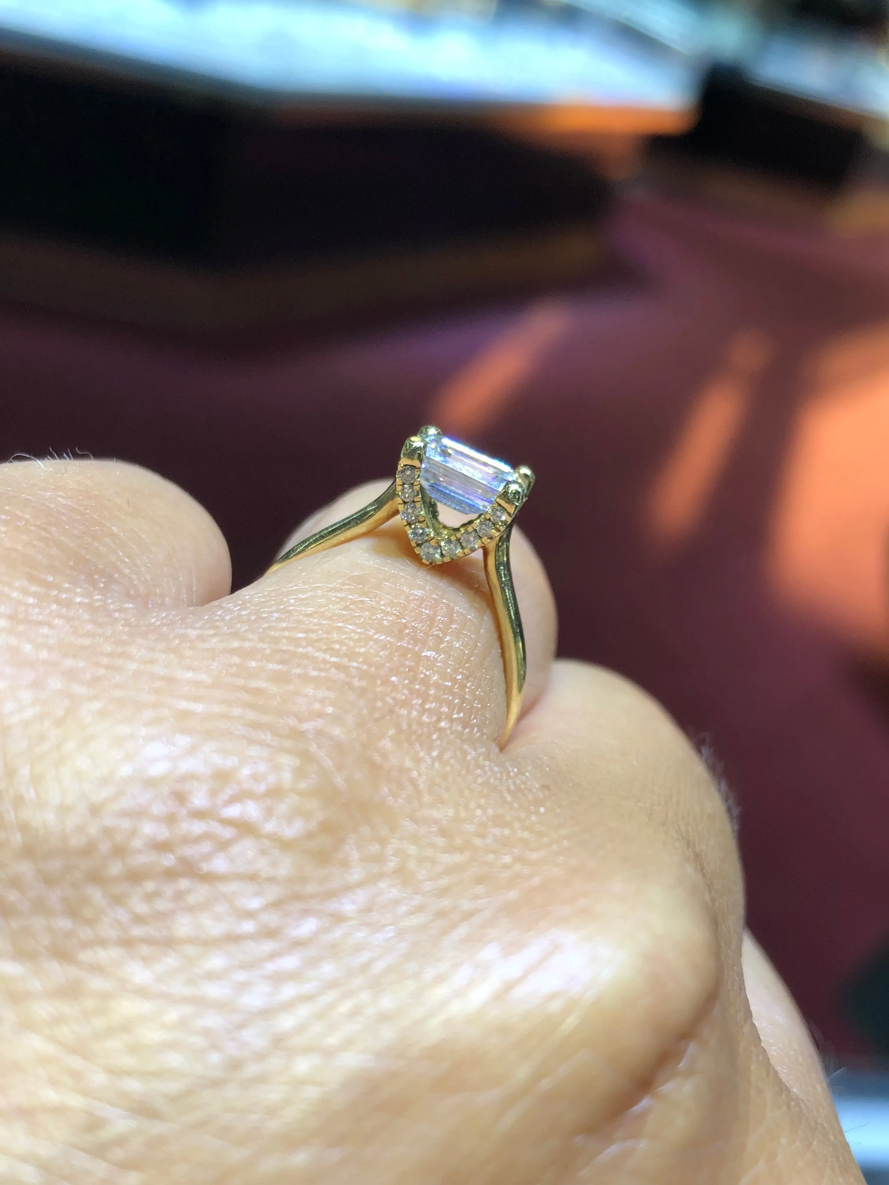 14K Gold Sideways Emerald Forever One Moissanite Engagement Ring