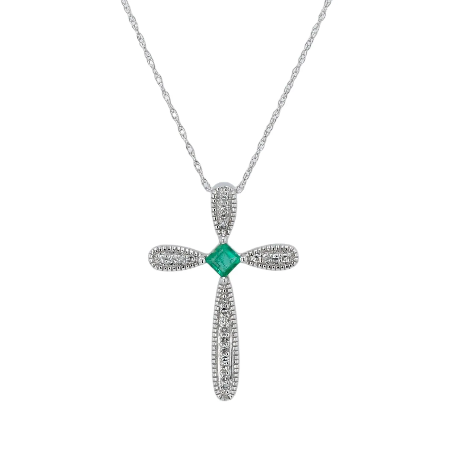 14k White gold Emerald with diamond cross necklace-17744