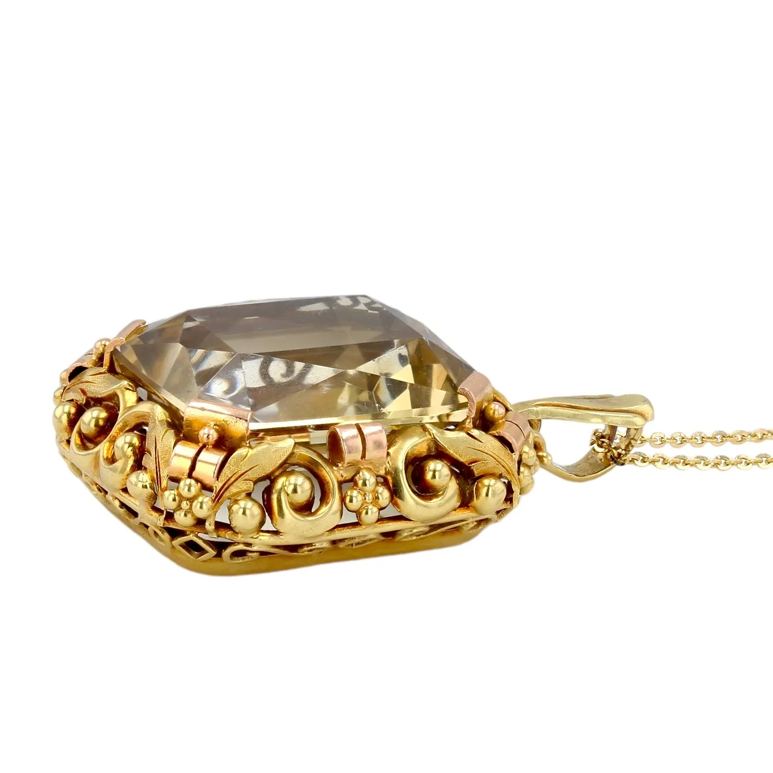 14K Yellow gold barroco huge champagne quartz pendant-17622