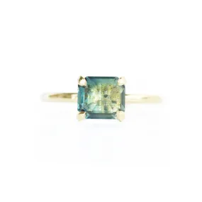 1.84ct Inverted Blue Green Emerald Cut Sapphire in 18k Yellow Gold Prong Setting