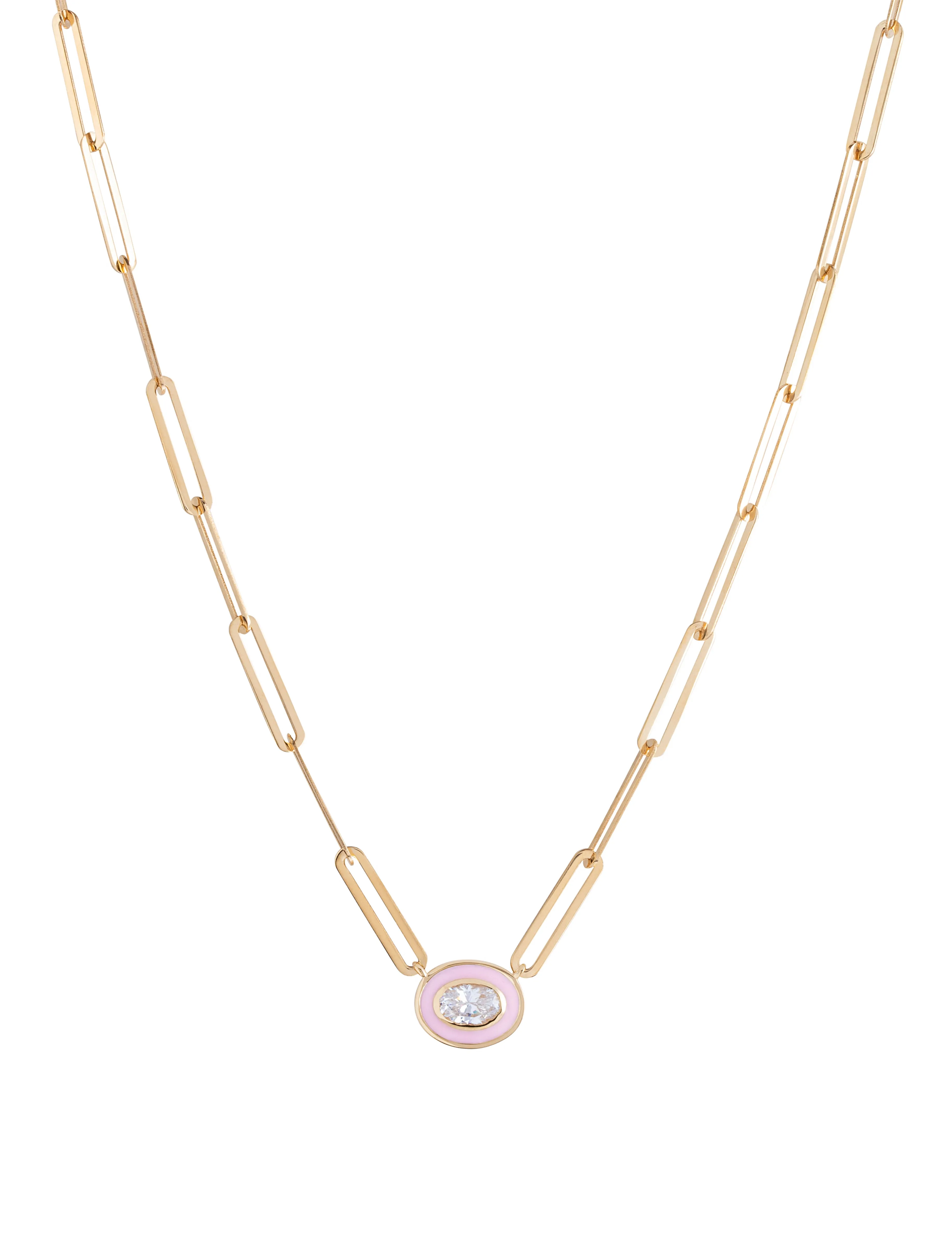 18K Gold Oval Enamel Pendant on Paper Clip Chain Necklace