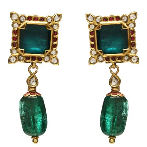 22k Gold Uncut Diamond  Emerald and Ruby Alwar Earring