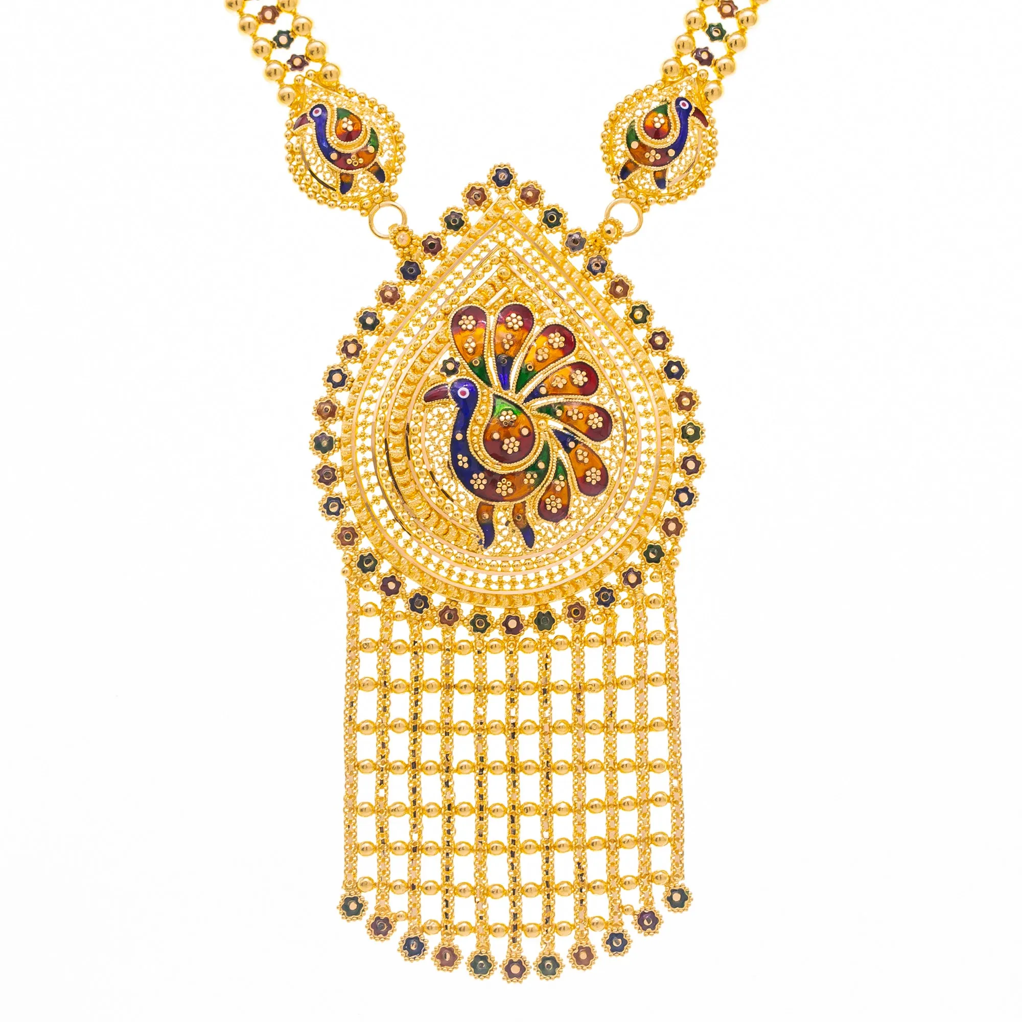 22K Yellow Gold & Enamel Peacock Long Necklace Set (104.4gm)