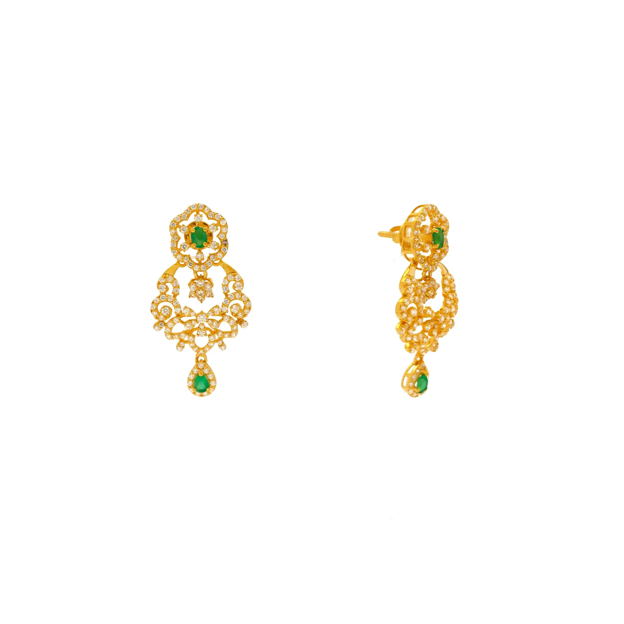 22K Yellow Gold, Emerald & CZ Earrings (11.2gm)