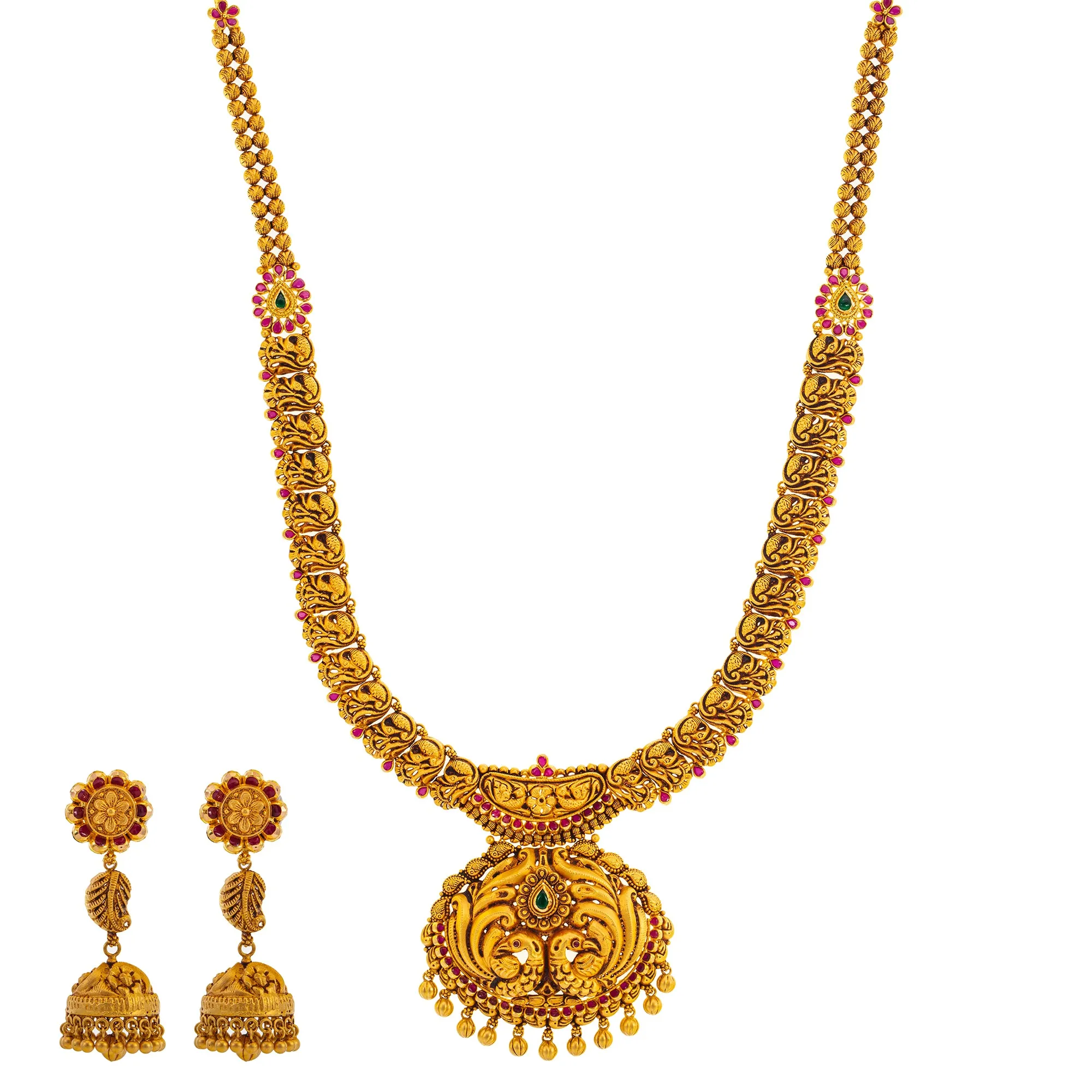 22K Yellow Gold, Emerald & Ruby Temple Jewelry Set (84.8gm)