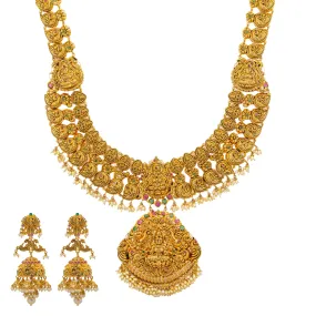 22K Yellow Gold, Gem, CZ, and Pearl Temple Necklace Set (151.5gm)