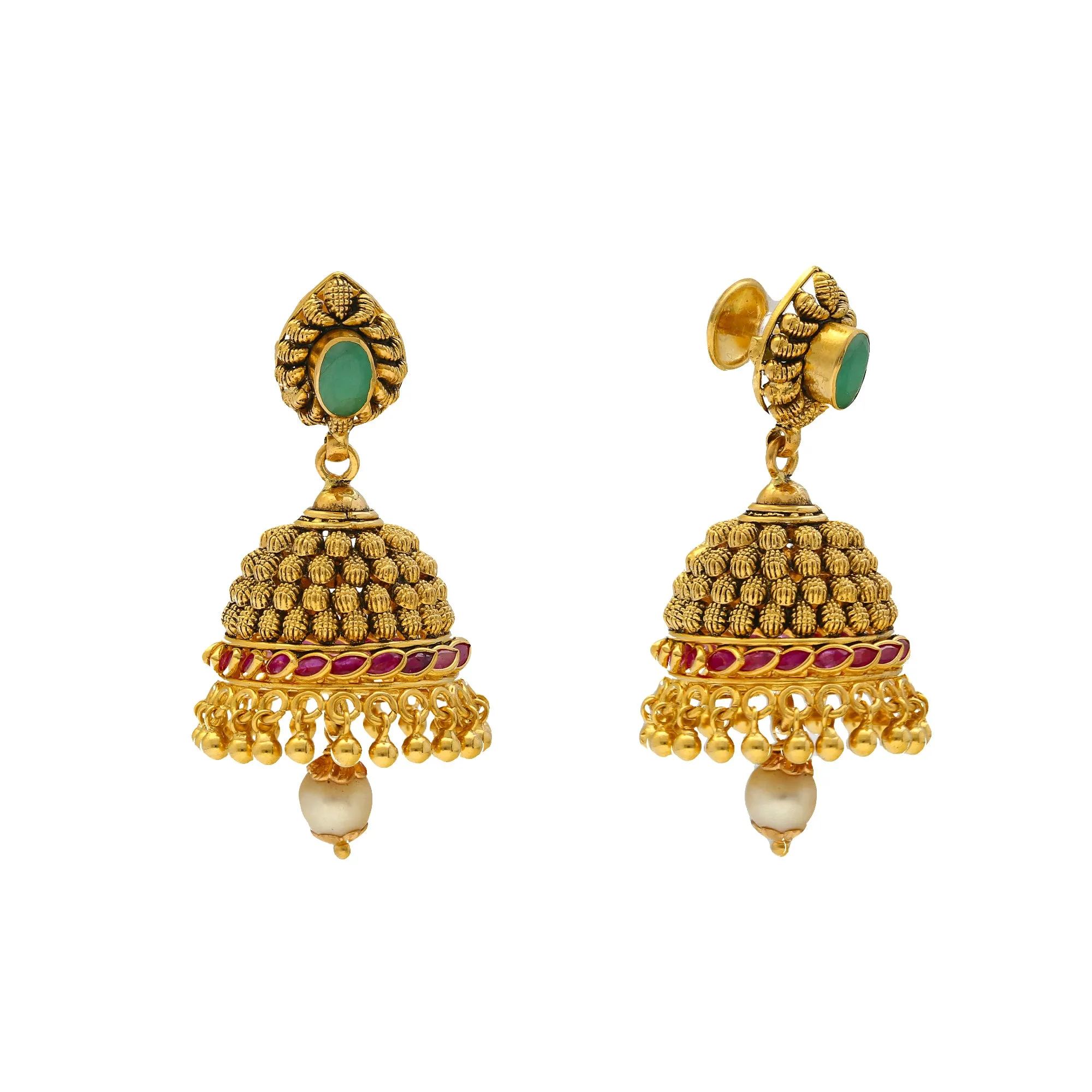 22K Yellow Gold Jeweled Jhumka Earrings (22.2gm)