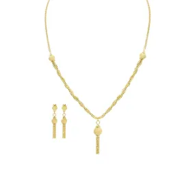 22K Yellow Gold Necklace & Earrings Set W/ Twisted Beaded Chains & Tassel Pendant