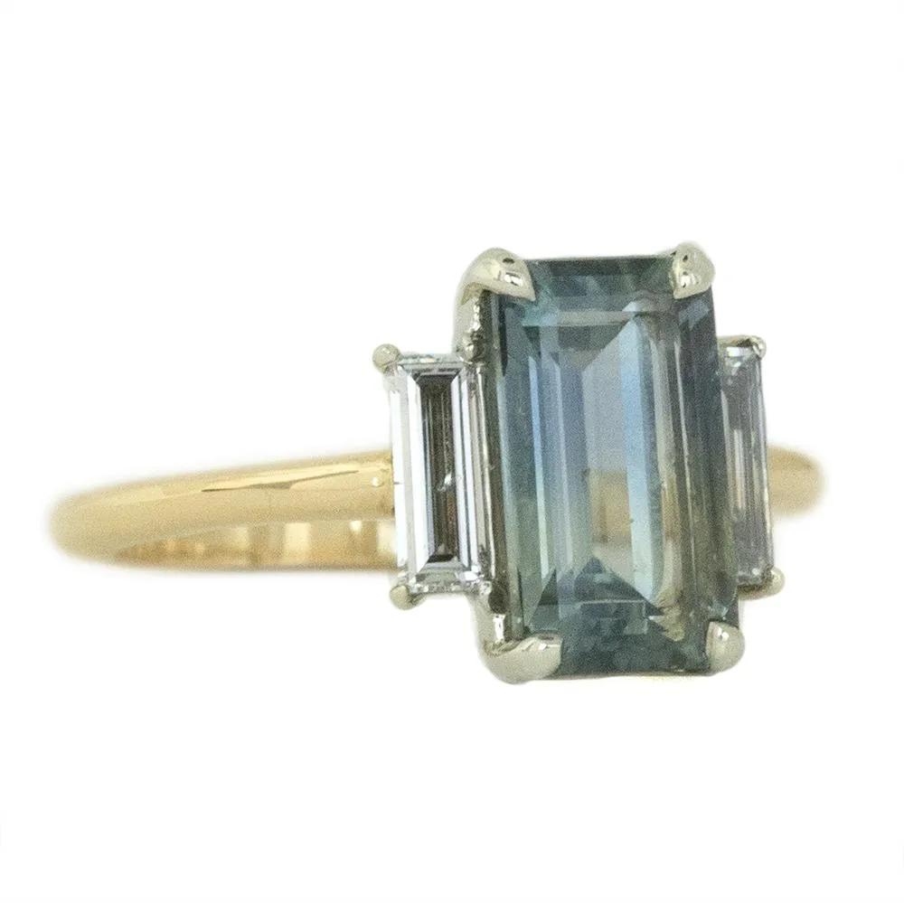 2.87ct Emerald Cut Parti Sapphire Three Stone Ring with Baguette Diamonds in Two Tone Gold