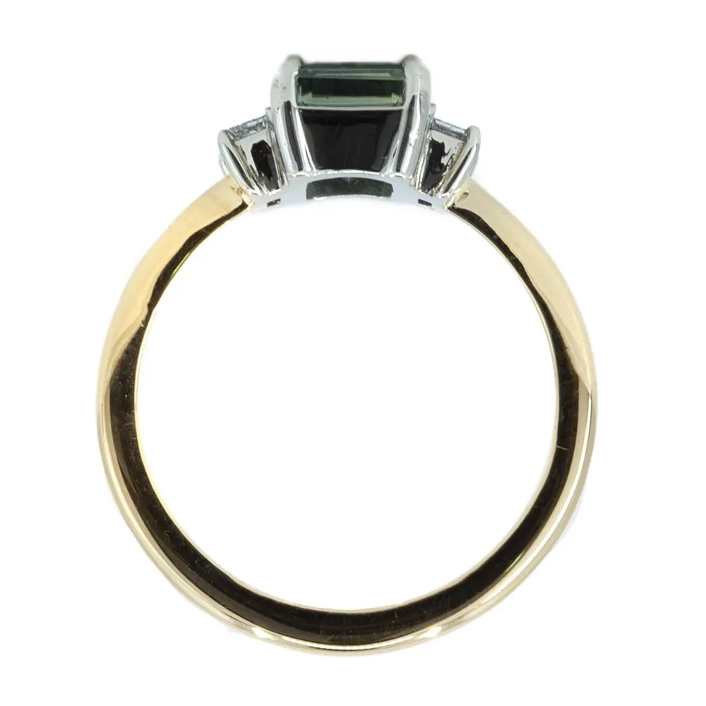 2.87ct Emerald Cut Parti Sapphire Three Stone Ring with Baguette Diamonds in Two Tone Gold