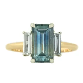 2.87ct Emerald Cut Parti Sapphire Three Stone Ring with Baguette Diamonds in Two Tone Gold