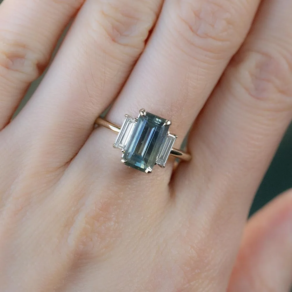 2.87ct Emerald Cut Parti Sapphire Three Stone Ring with Baguette Diamonds in Two Tone Gold