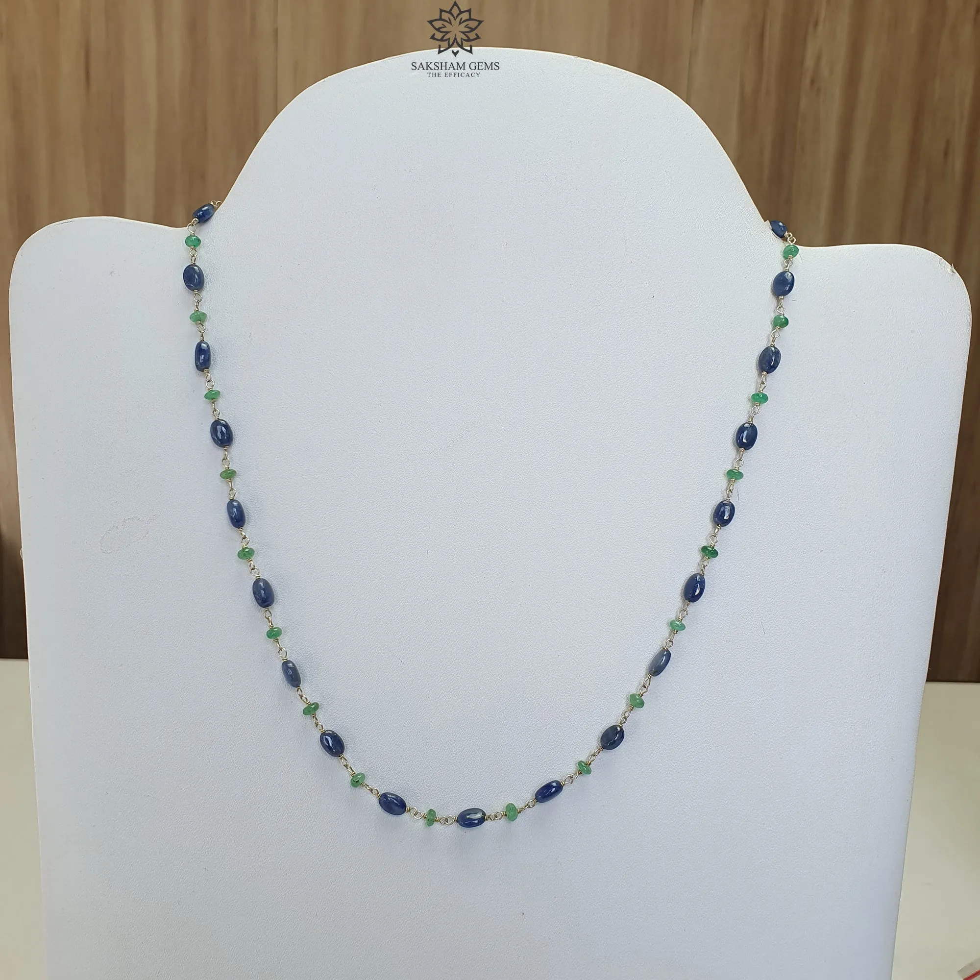 925 Sterling Silver Blue Sapphire And Green Emerald Natural Gemstones Oval Cut Beads 8.00gms NECKLACE Chain 18"