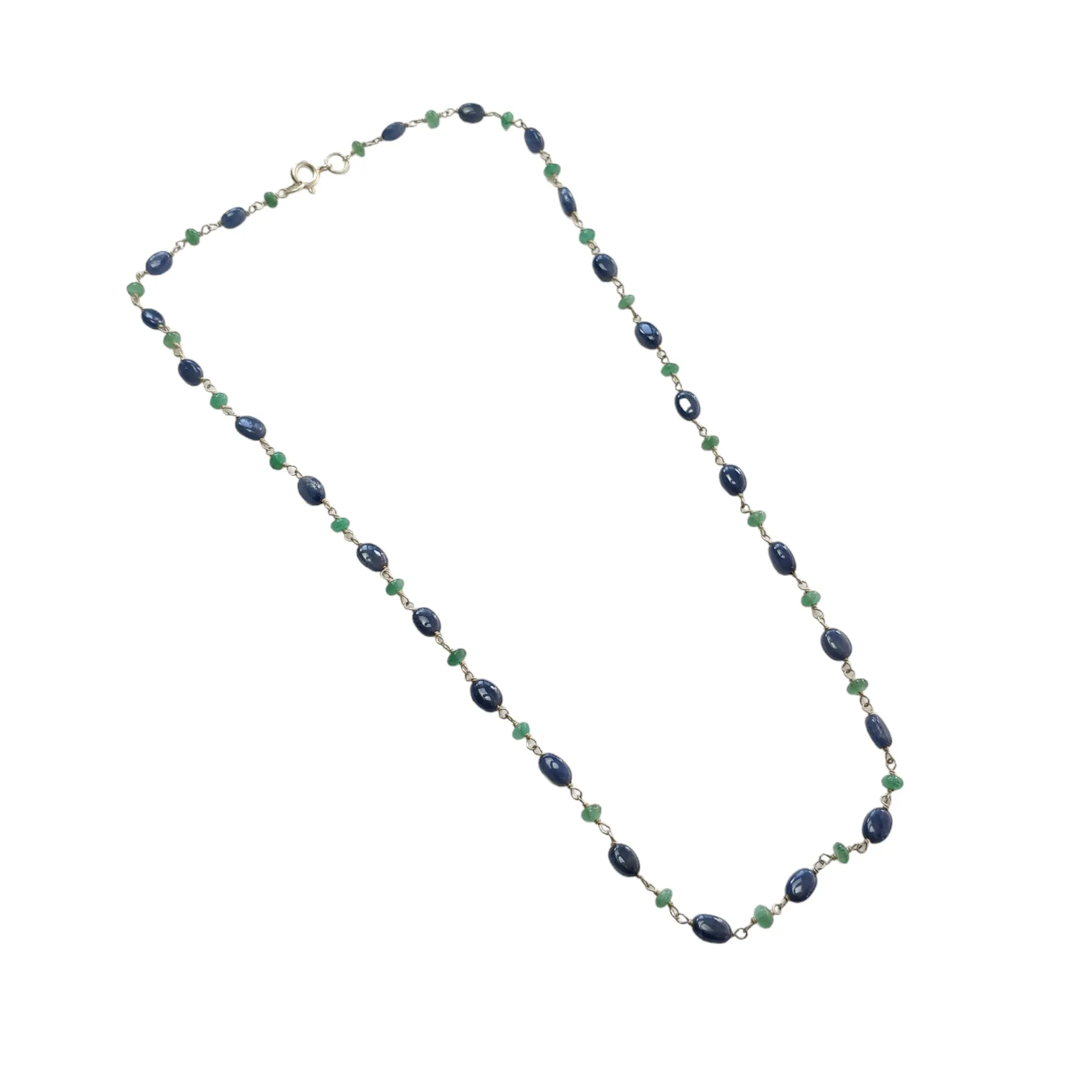 925 Sterling Silver Blue Sapphire And Green Emerald Natural Gemstones Oval Cut Beads 8.00gms NECKLACE Chain 18"