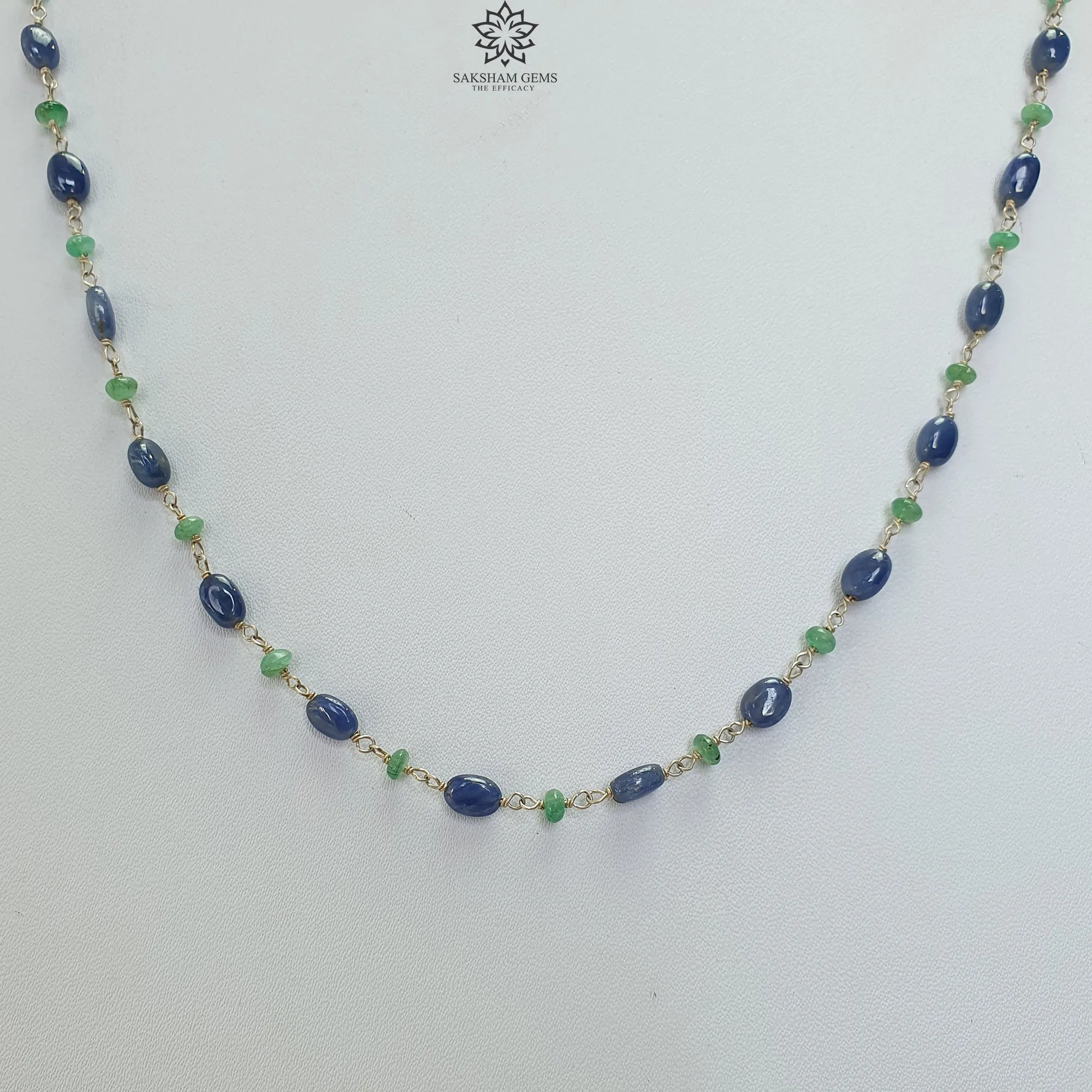 925 Sterling Silver Blue Sapphire And Green Emerald Natural Gemstones Oval Cut Beads 8.00gms NECKLACE Chain 18"