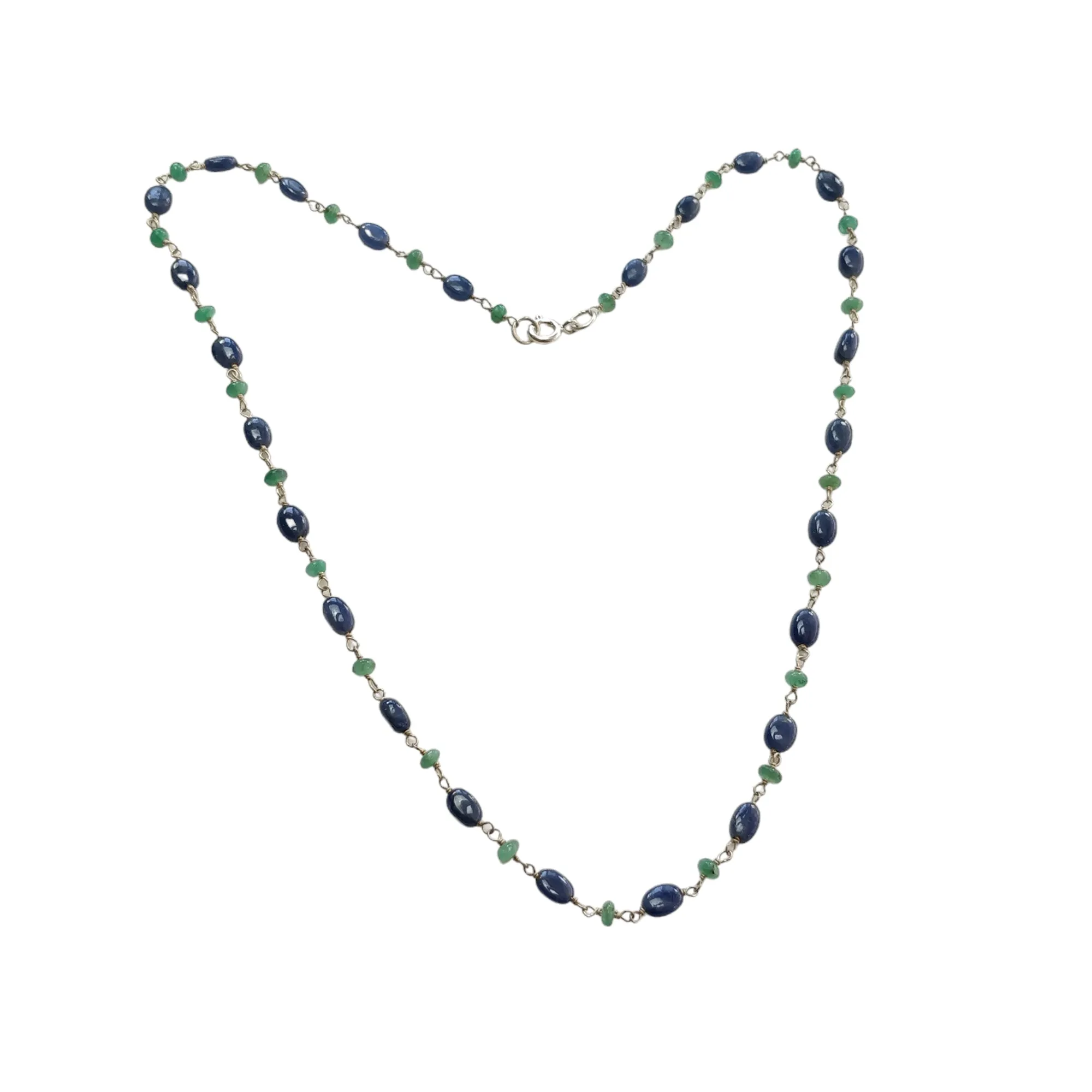 925 Sterling Silver Blue Sapphire And Green Emerald Natural Gemstones Oval Cut Beads 8.00gms NECKLACE Chain 18"