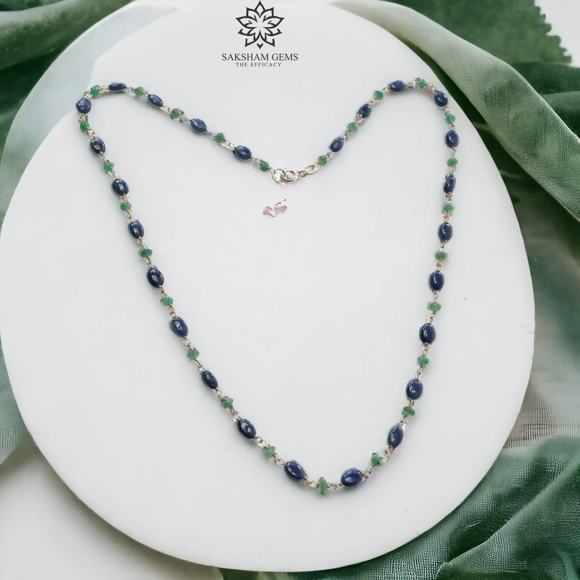 925 Sterling Silver Blue Sapphire And Green Emerald Natural Gemstones Oval Cut Beads 8.00gms NECKLACE Chain 18"