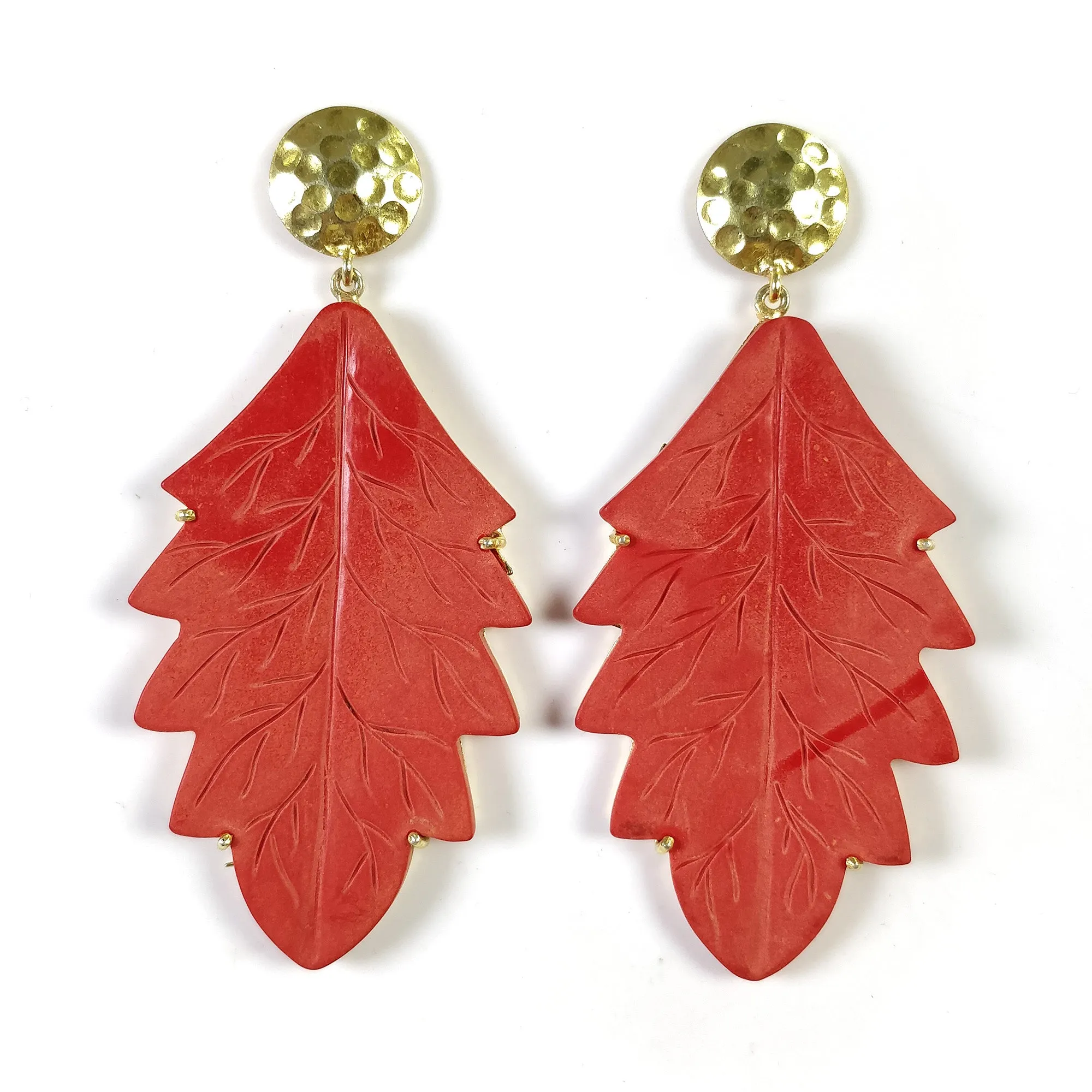 925 Sterling Silver Gold Plated : Synthetic Hand Carved Red Maple Leaf Simulated Prong Set Dangle Push Back Earring (With Video)