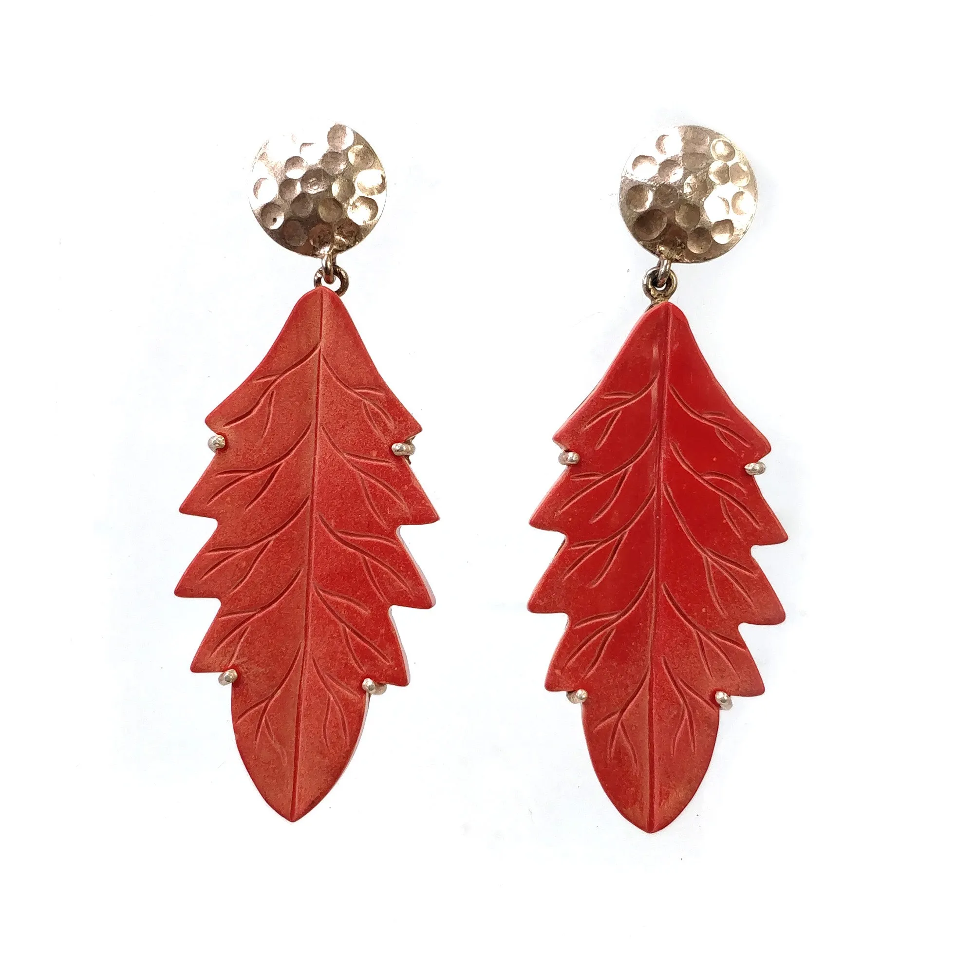 925 Sterling Silver Gold Plated : Synthetic Hand Carved Red Maple Leaf Simulated Prong Set Dangle Push Back Earring (With Video)