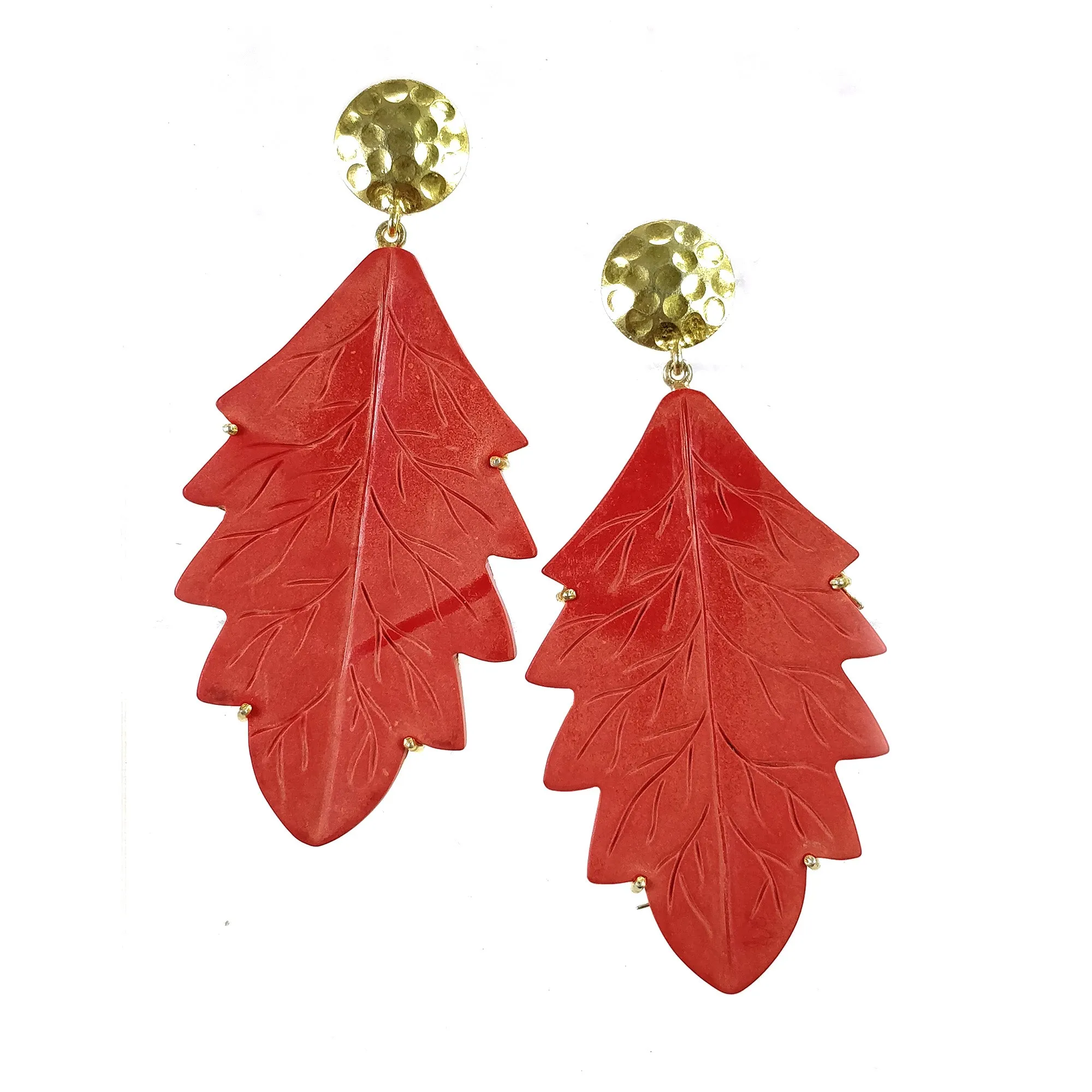 925 Sterling Silver Gold Plated : Synthetic Hand Carved Red Maple Leaf Simulated Prong Set Dangle Push Back Earring (With Video)