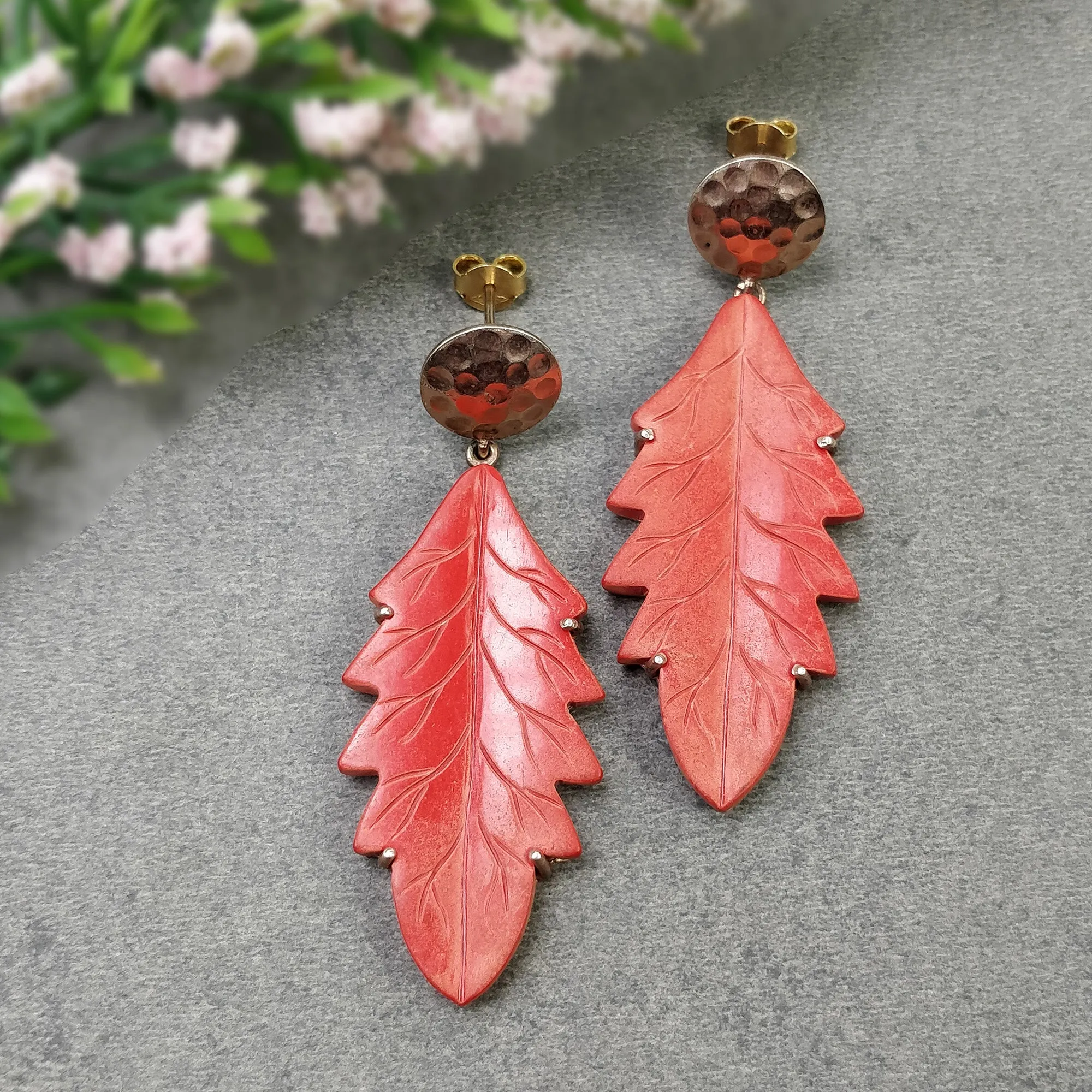 925 Sterling Silver Gold Plated : Synthetic Hand Carved Red Maple Leaf Simulated Prong Set Dangle Push Back Earring (With Video)