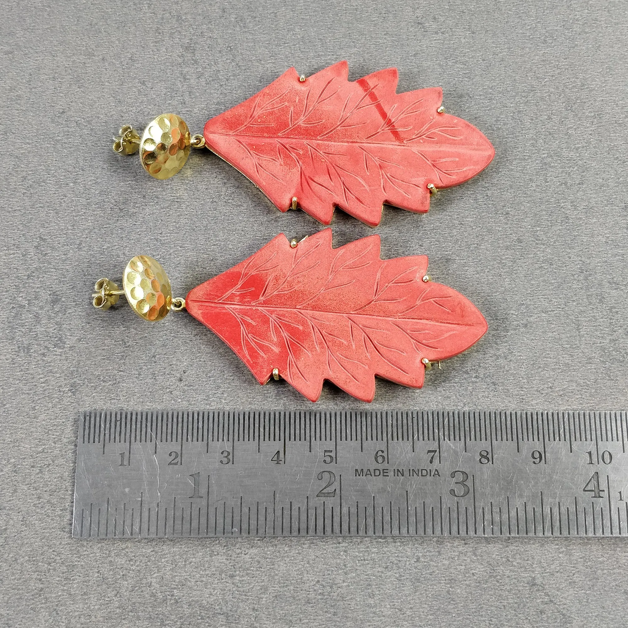 925 Sterling Silver Gold Plated : Synthetic Hand Carved Red Maple Leaf Simulated Prong Set Dangle Push Back Earring (With Video)