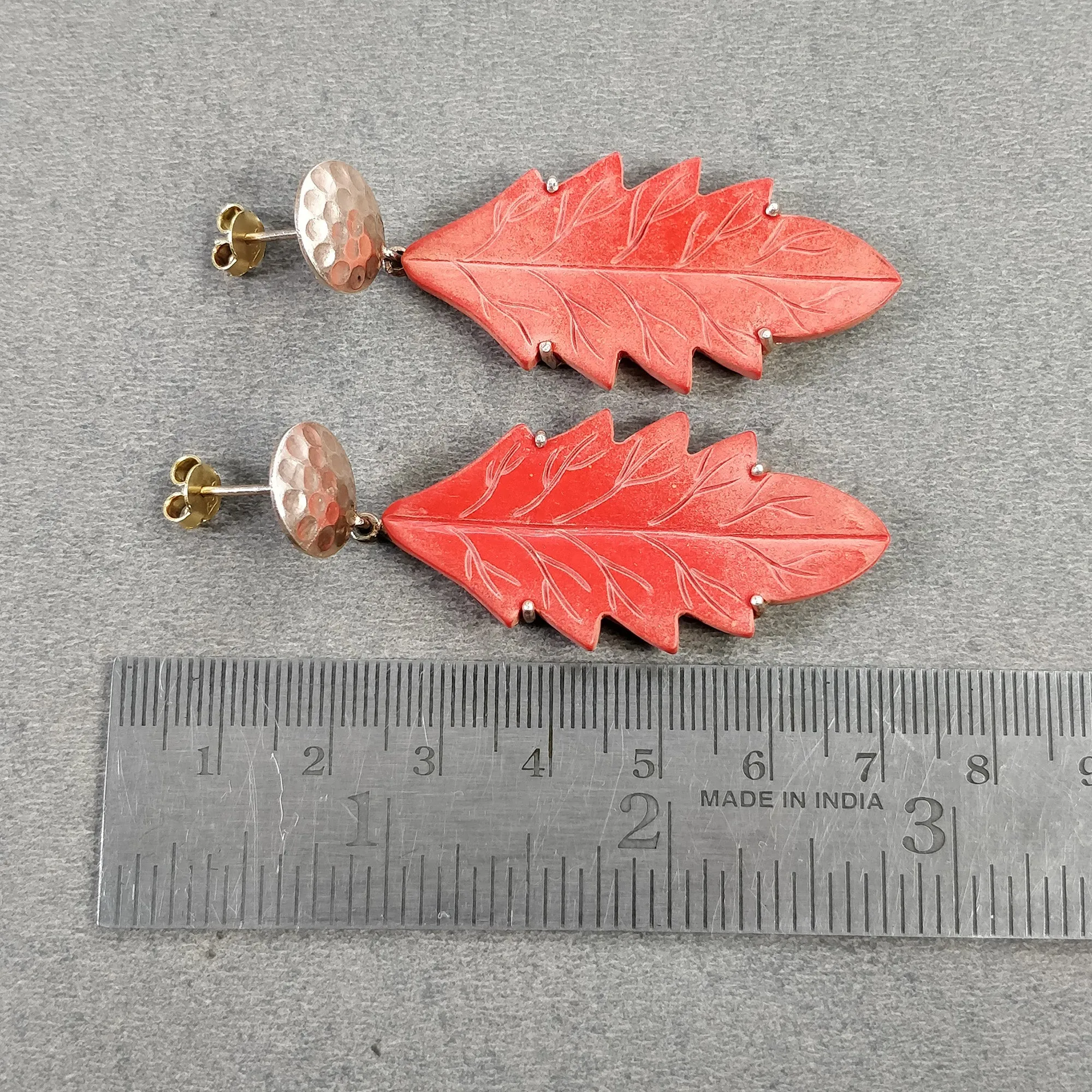 925 Sterling Silver Gold Plated : Synthetic Hand Carved Red Maple Leaf Simulated Prong Set Dangle Push Back Earring (With Video)