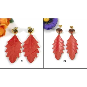 925 Sterling Silver Gold Plated : Synthetic Hand Carved Red Maple Leaf Simulated Prong Set Dangle Push Back Earring (With Video)