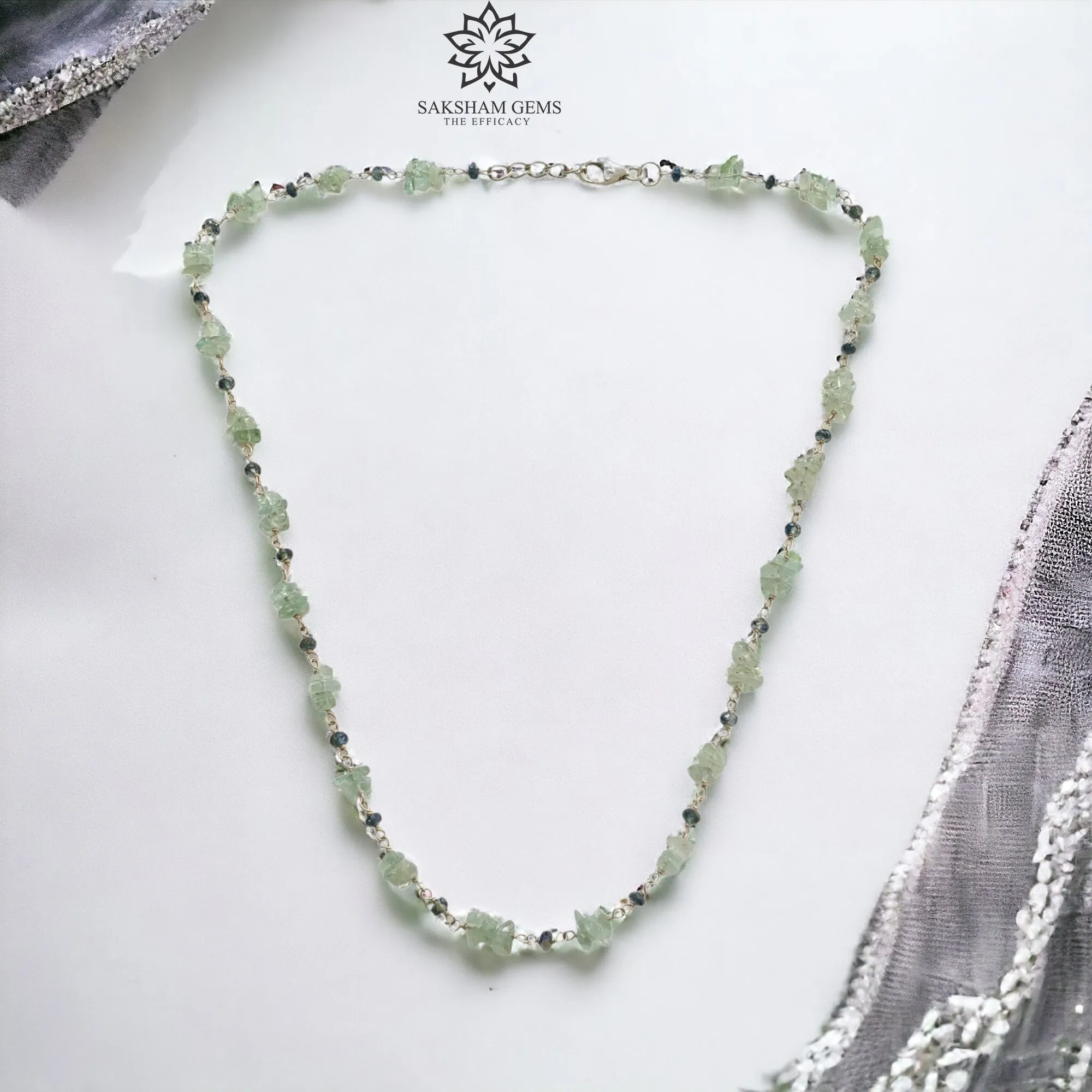 925 Sterling Silver Green Emerald And Blue Sapphire Gemstones Uncut Beads Chain NECKLACE 7.70gms Natural Beaded Necklace 16"