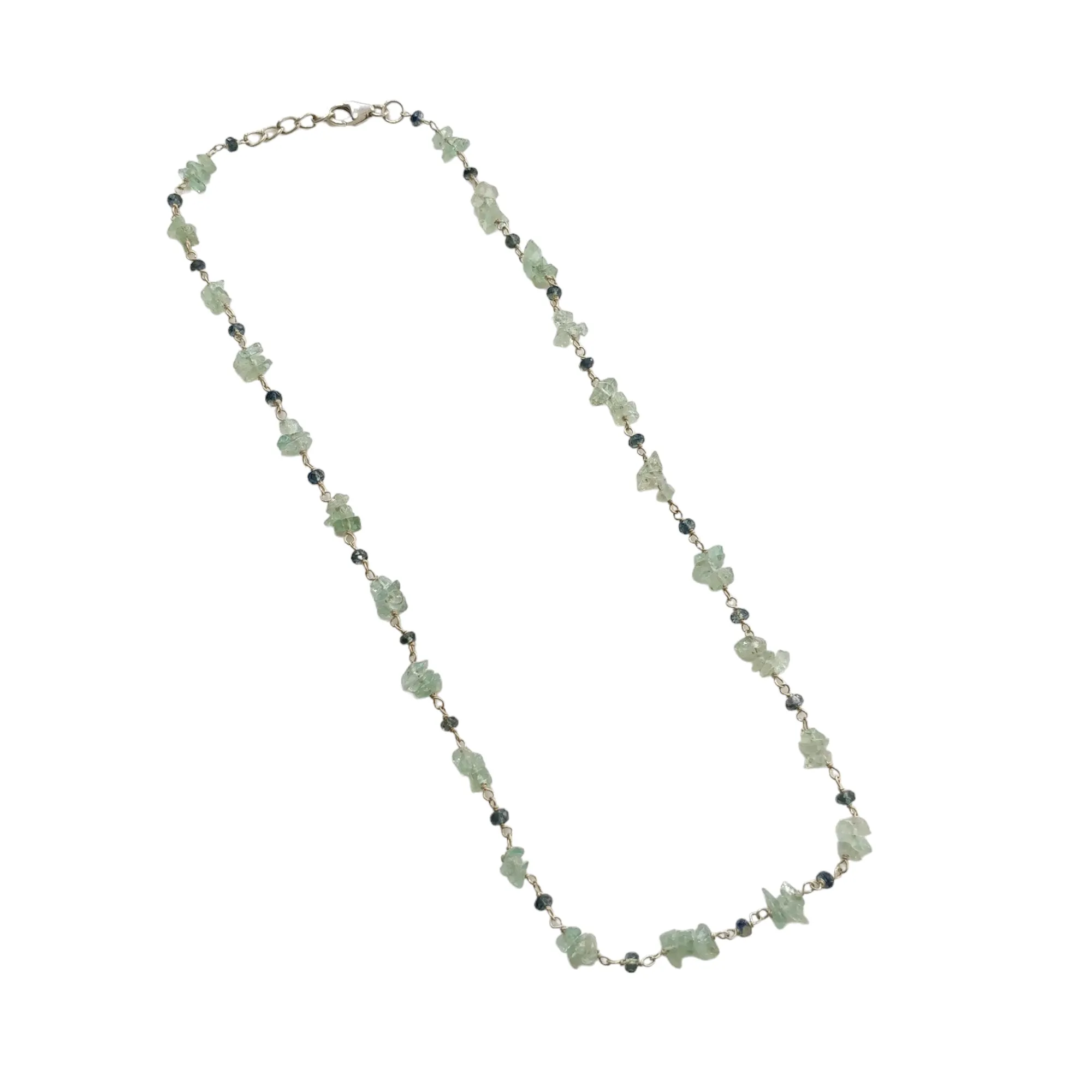 925 Sterling Silver Green Emerald And Blue Sapphire Gemstones Uncut Beads Chain NECKLACE 7.70gms Natural Beaded Necklace 16"