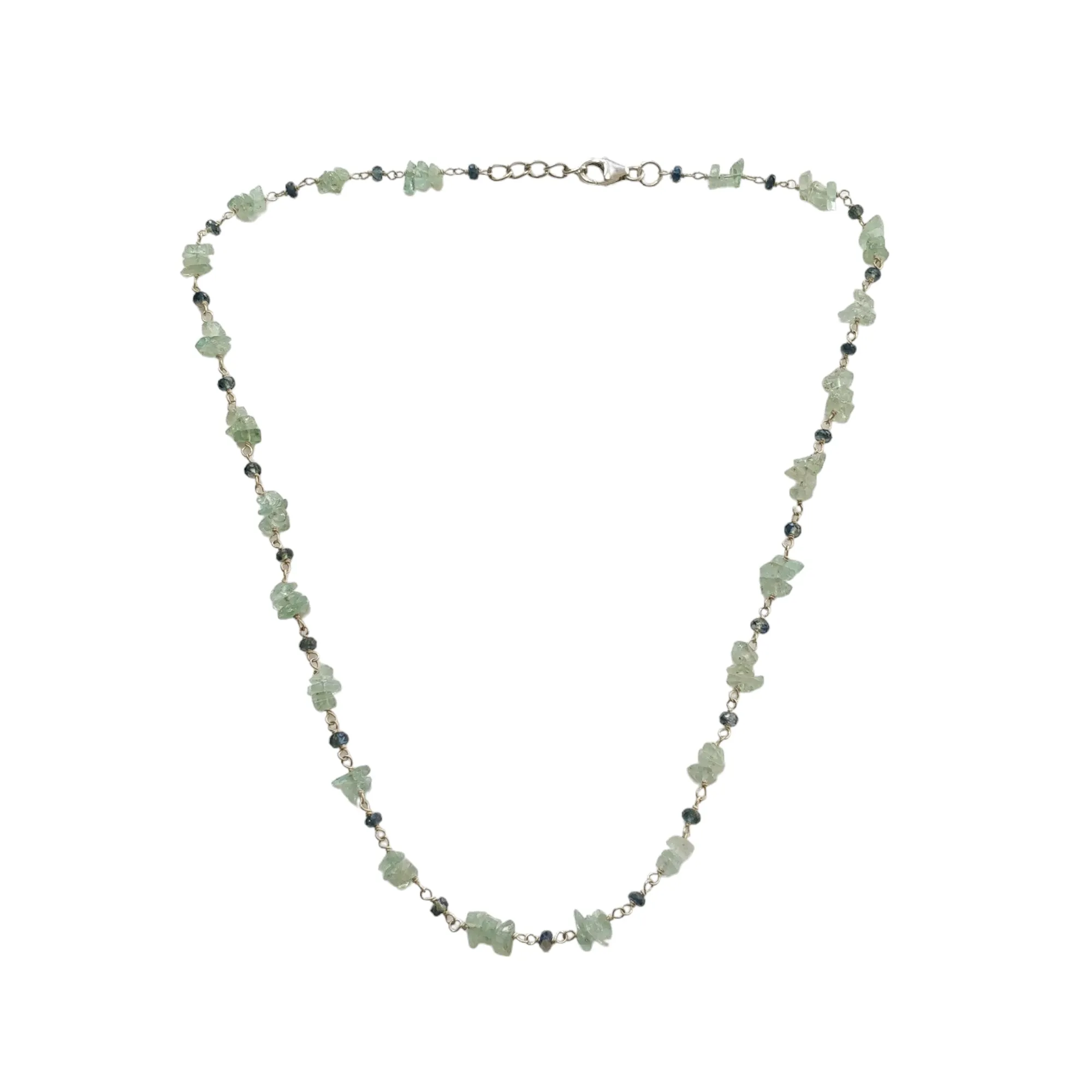 925 Sterling Silver Green Emerald And Blue Sapphire Gemstones Uncut Beads Chain NECKLACE 7.70gms Natural Beaded Necklace 16"