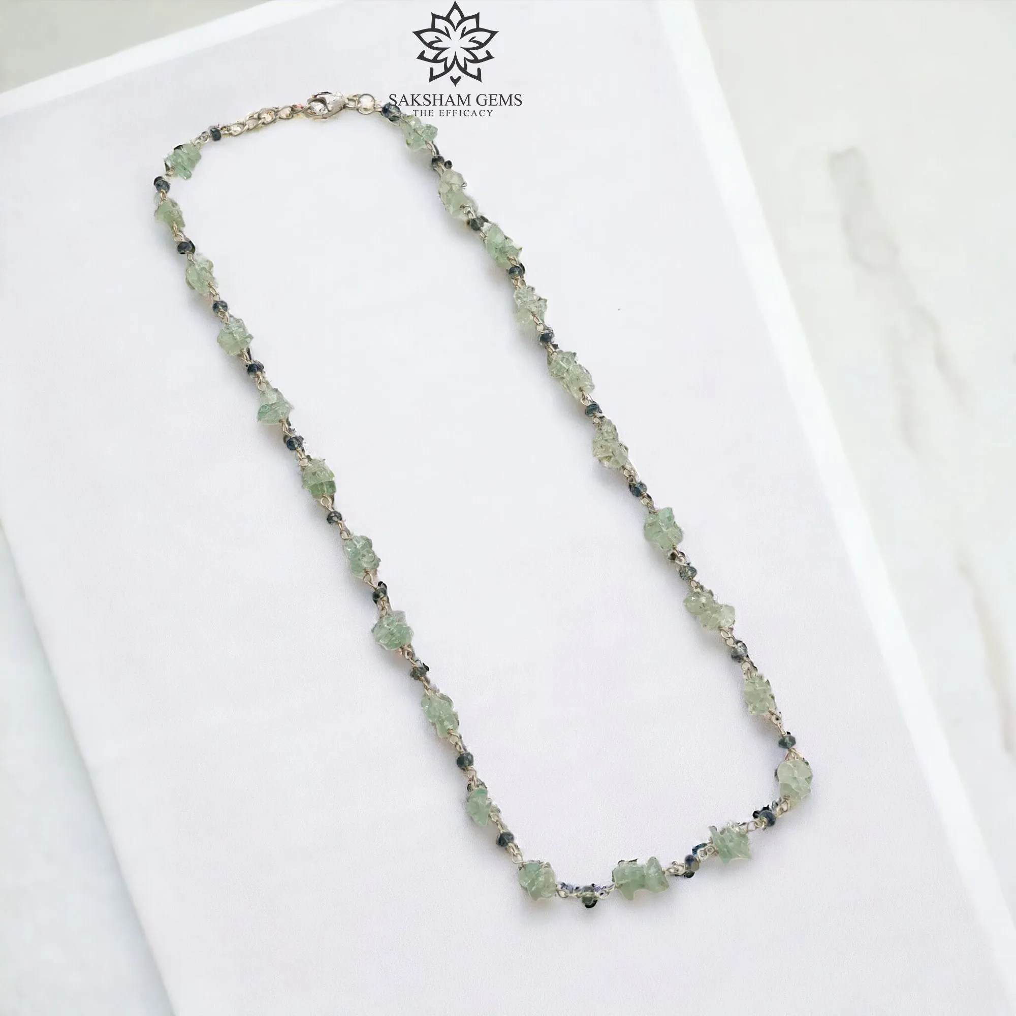 925 Sterling Silver Green Emerald And Blue Sapphire Gemstones Uncut Beads Chain NECKLACE 7.70gms Natural Beaded Necklace 16"