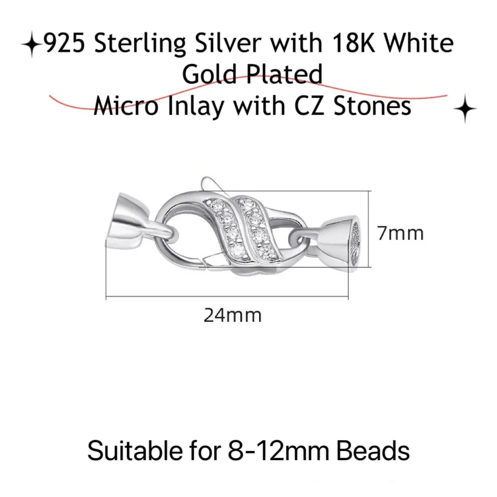 925 Sterling Silver Lobster Clasp with Bail 18K White Gold Plated and Zircon Pearl Clasp Handmade DIY Jewelry Making Supply