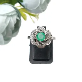 925 Sterling Silver RING : Natural EMERALD Gemstone With CZ Round Normal Cut Prong Set Fine Statement Unisex Ring 7.25US