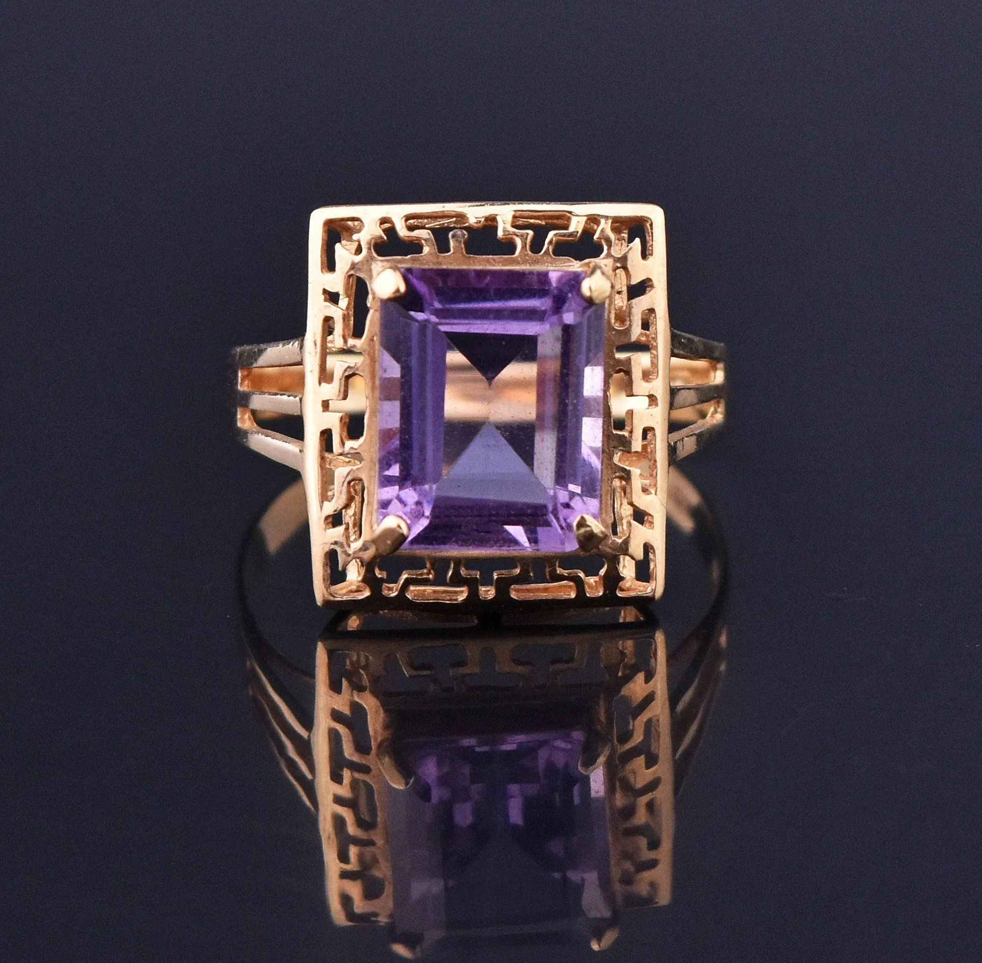 Amethyst Gold Greek Key Pattern Retro Ring