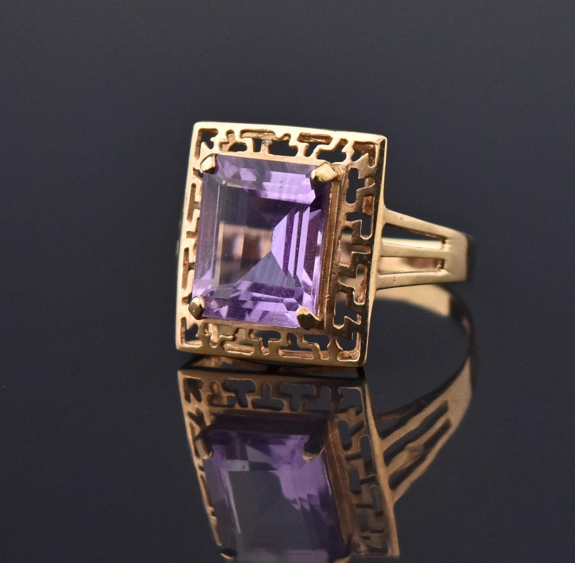 Amethyst Gold Greek Key Pattern Retro Ring