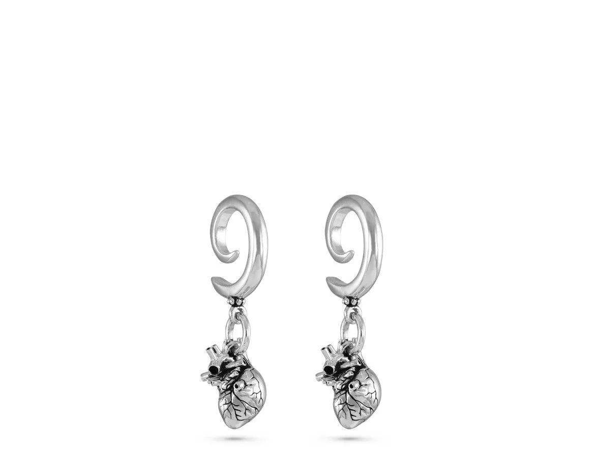 Anatomical Heart Gauged Spiral Earrings - Silver